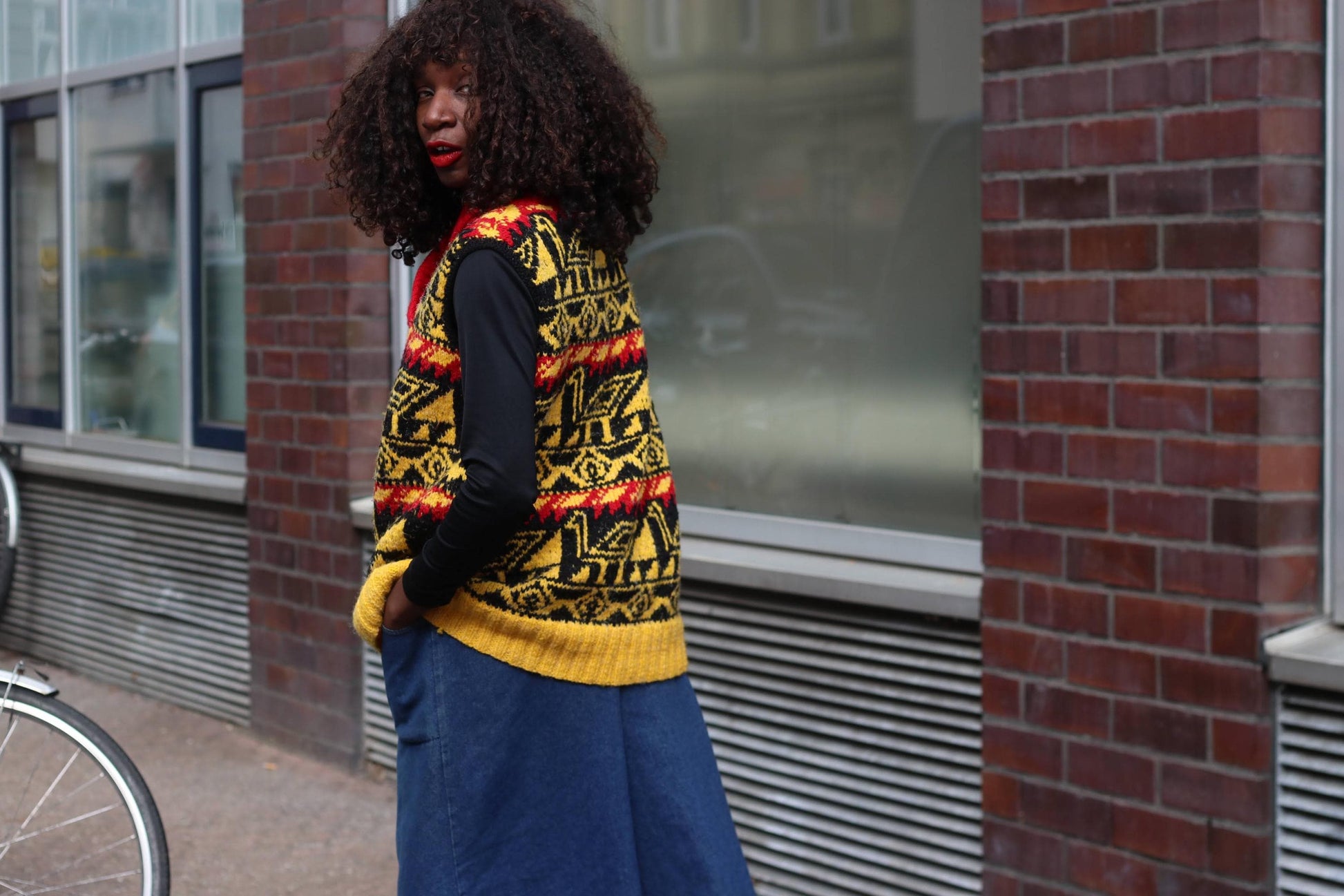 Vintage Handmade Knit Vest Bird Motif Yellow Red Black Boho Artisanal Sweater Tank