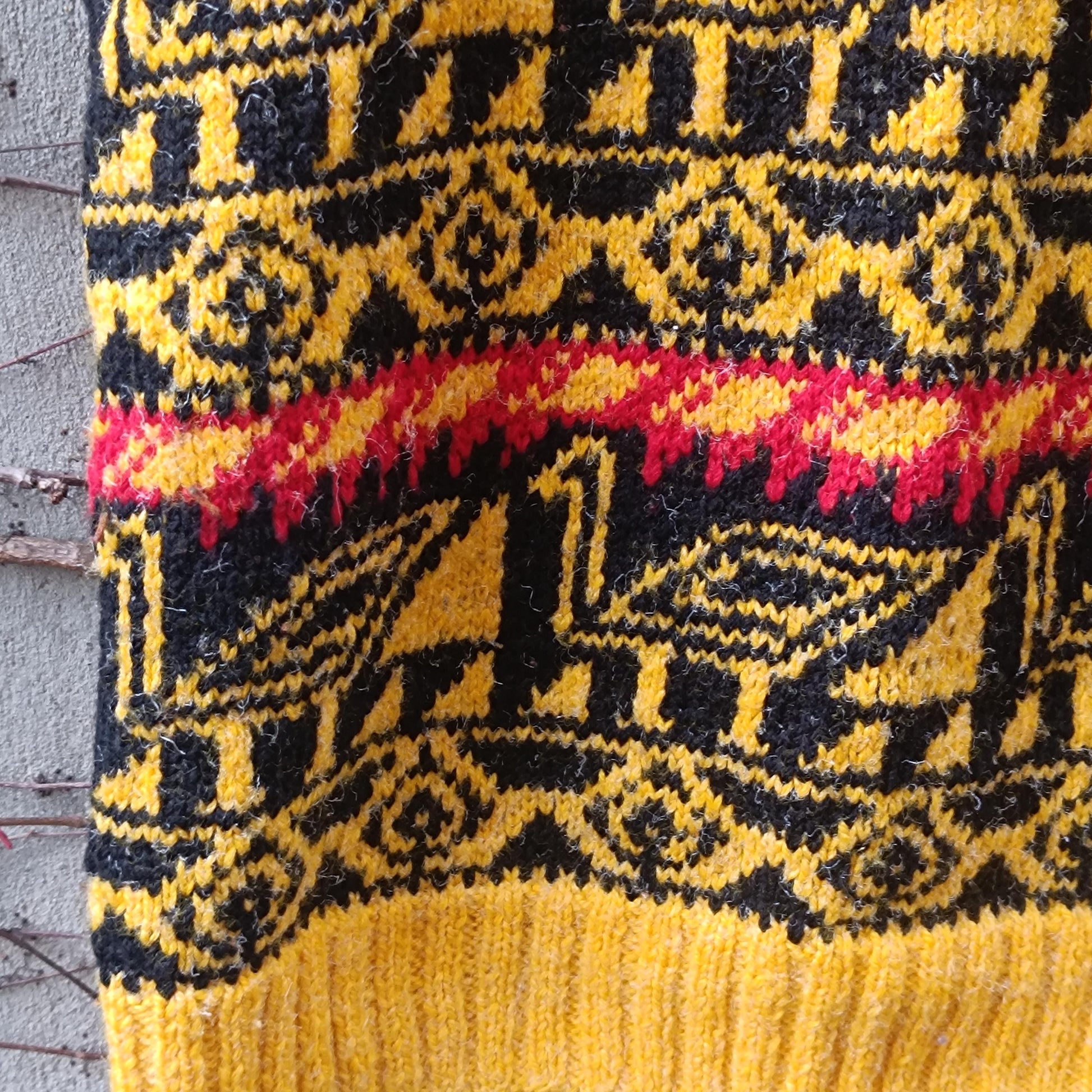 Vintage Handmade Knit Vest Bird Motif Yellow Red Black Boho Artisanal Sweater Tank