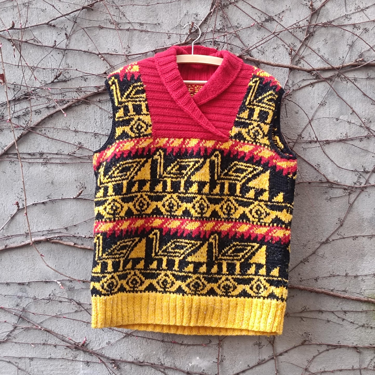 Vintage Handmade Knit Vest Bird Motif Yellow Red Black Boho Artisanal Sweater Tank