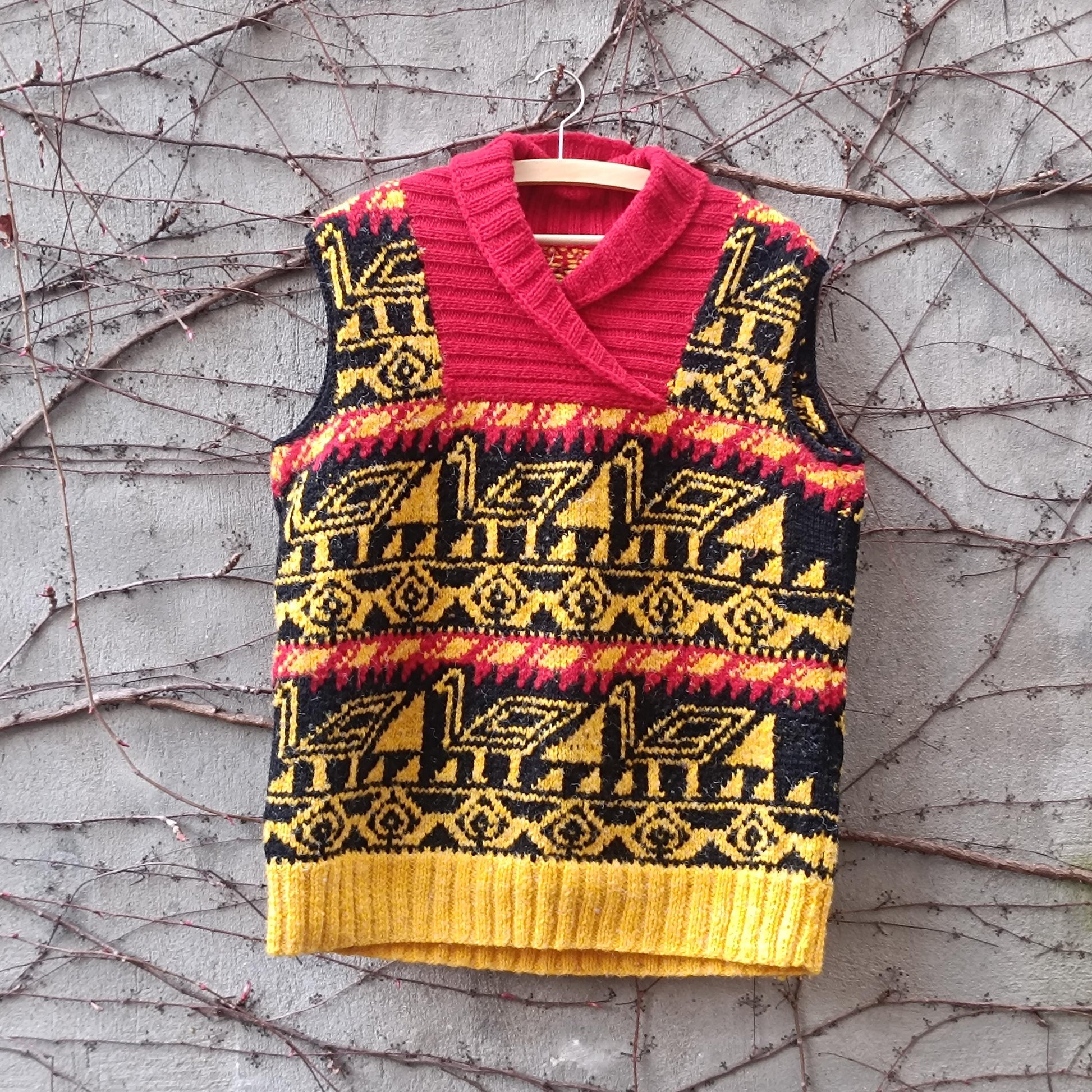 Vintage Handmade Knit Vest Bird Motif Yellow Red Black Boho Artisanal Sweater Tank