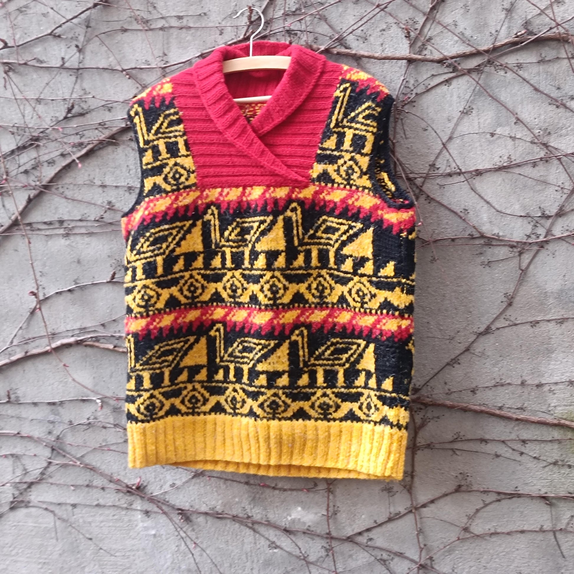Vintage Handmade Knit Vest Bird Motif Yellow Red Black Boho Artisanal Sweater Tank