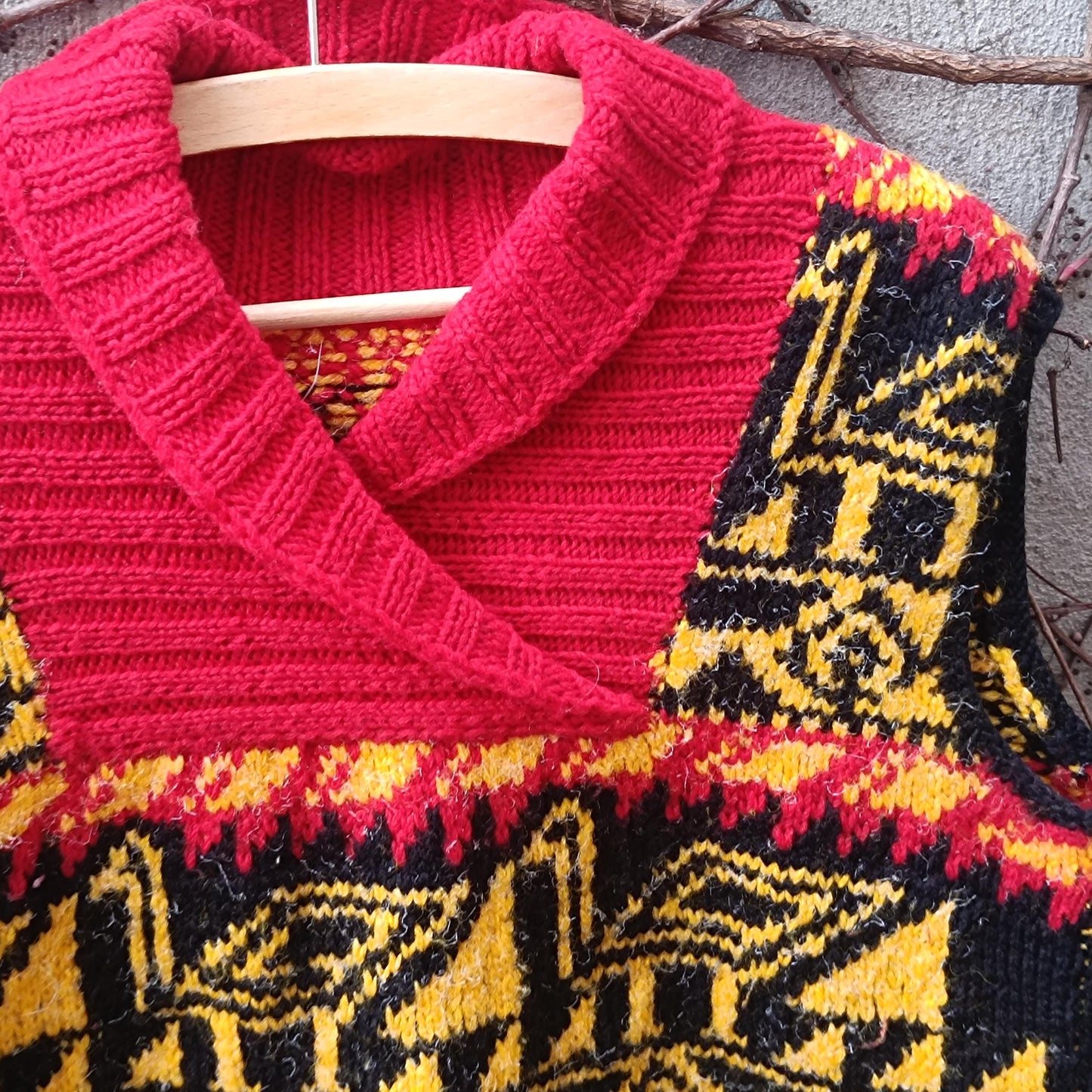 Vintage Handmade Knit Vest Bird Motif Yellow Red Black Boho Artisanal Sweater Tank