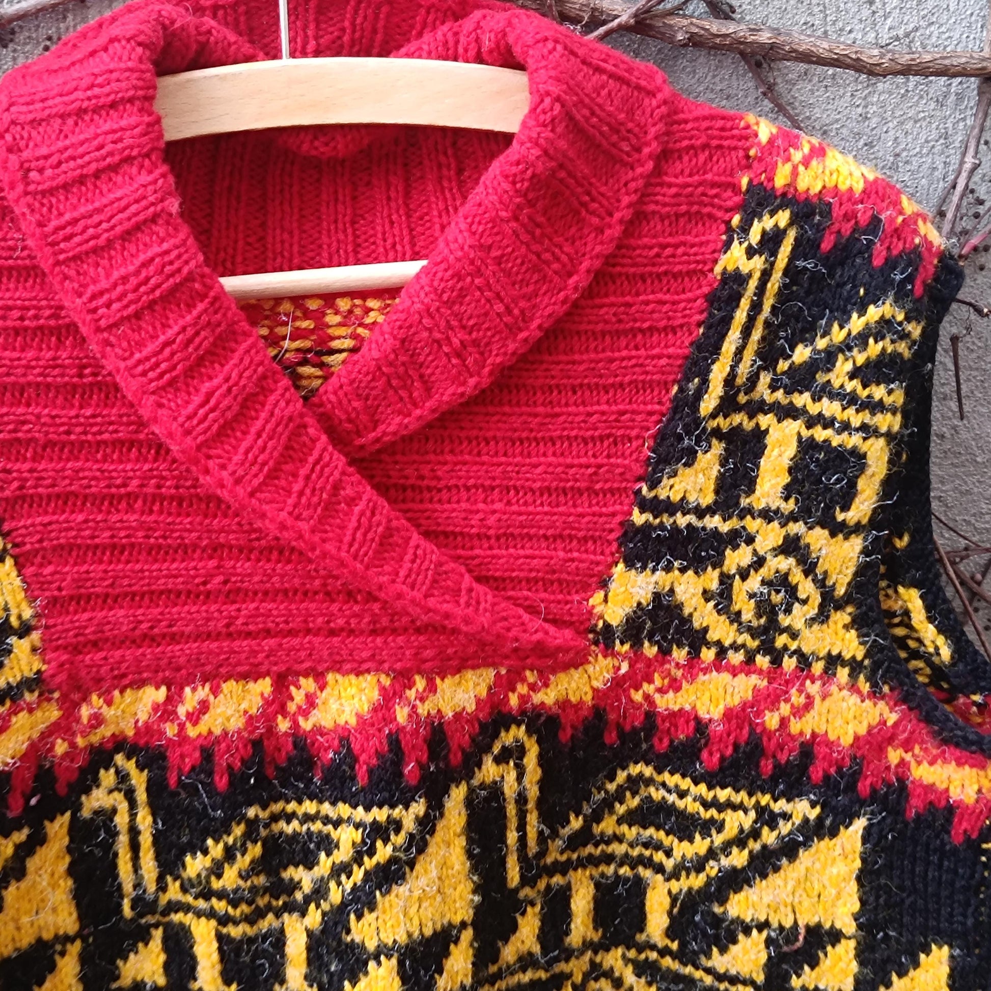 Vintage Handmade Knit Vest Bird Motif Yellow Red Black Boho Artisanal Sweater Tank