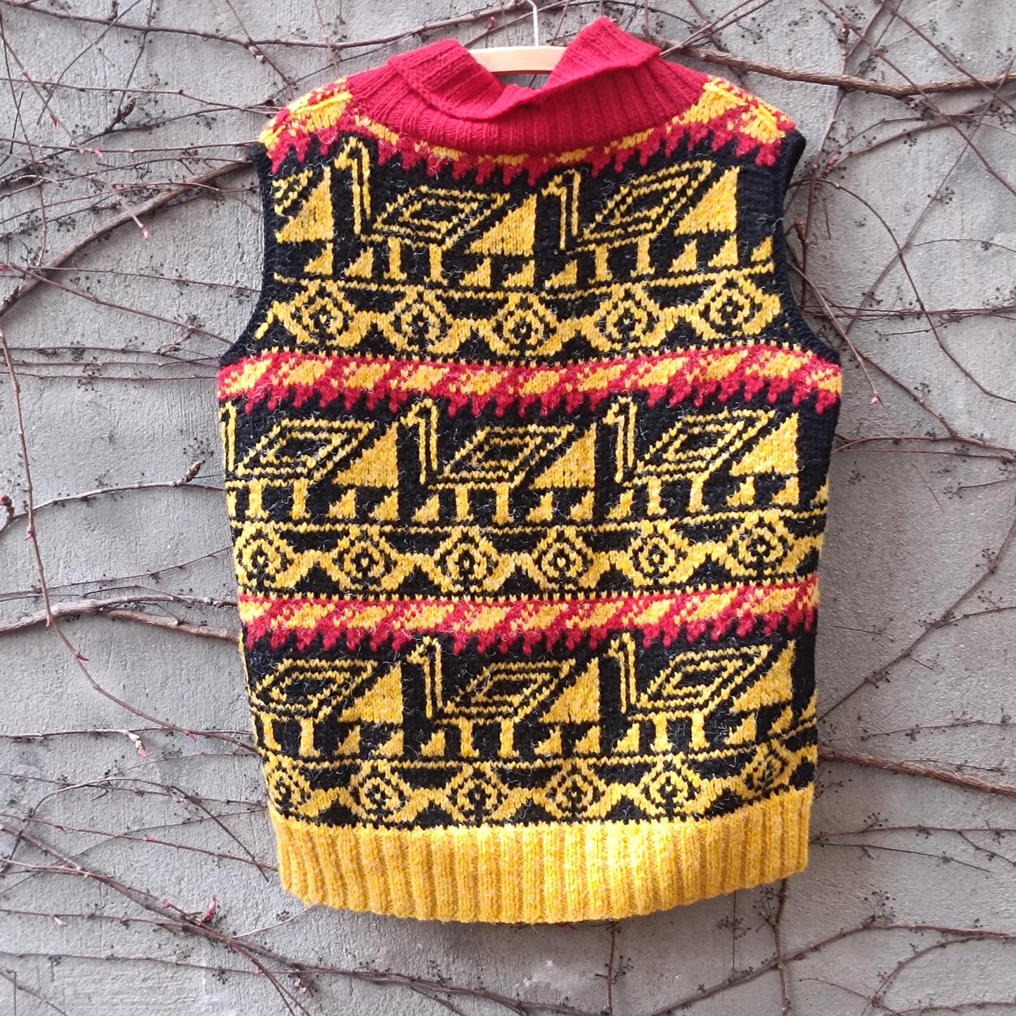 Vintage Handmade Knit Vest Bird Motif Yellow Red Black Boho Artisanal Sweater Tank
