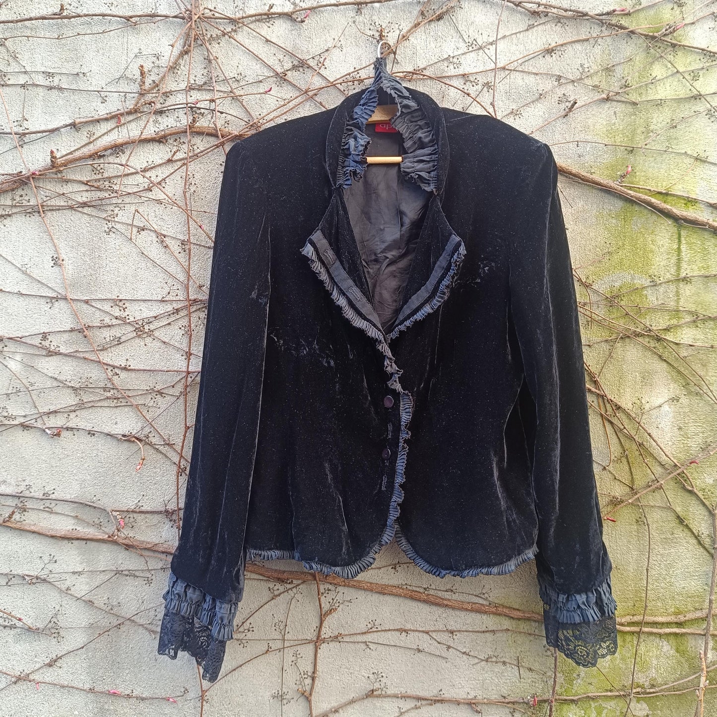 Vintage Silk Blend Velvet Blazer Black Gothic Victorian Ruffle Evening Jacket 38