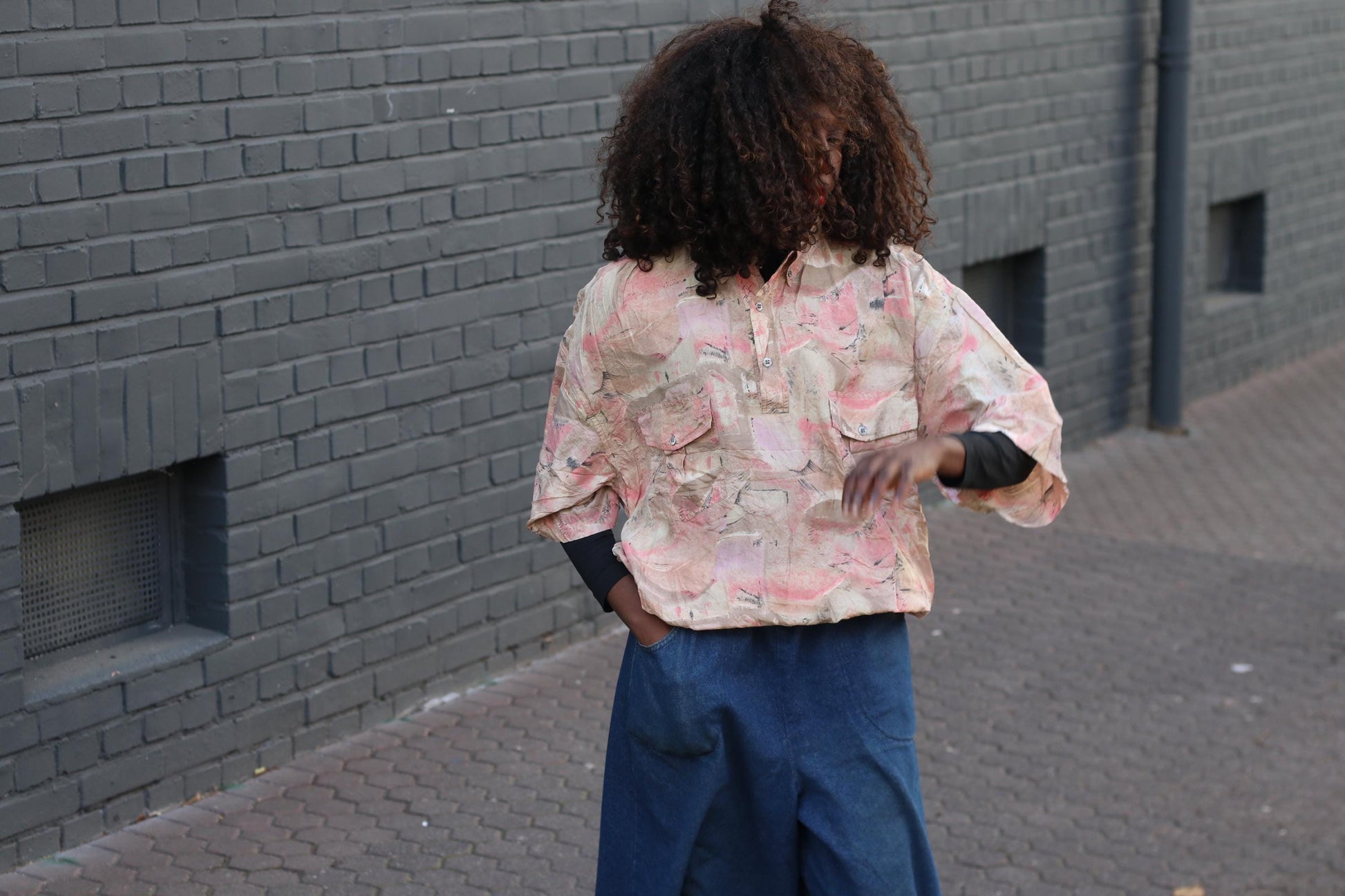 Vintage Silk Oversize Shirt Abstract Pattern Boho Loose Retro Blouse