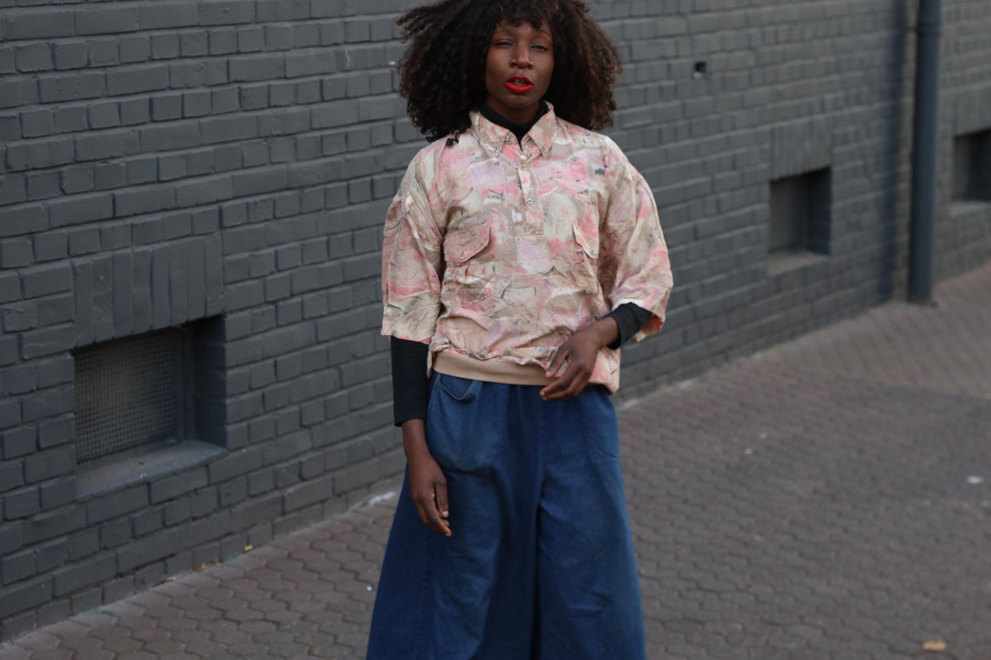 Vintage Silk Oversize Shirt Abstract Pattern Boho Loose Retro Blouse