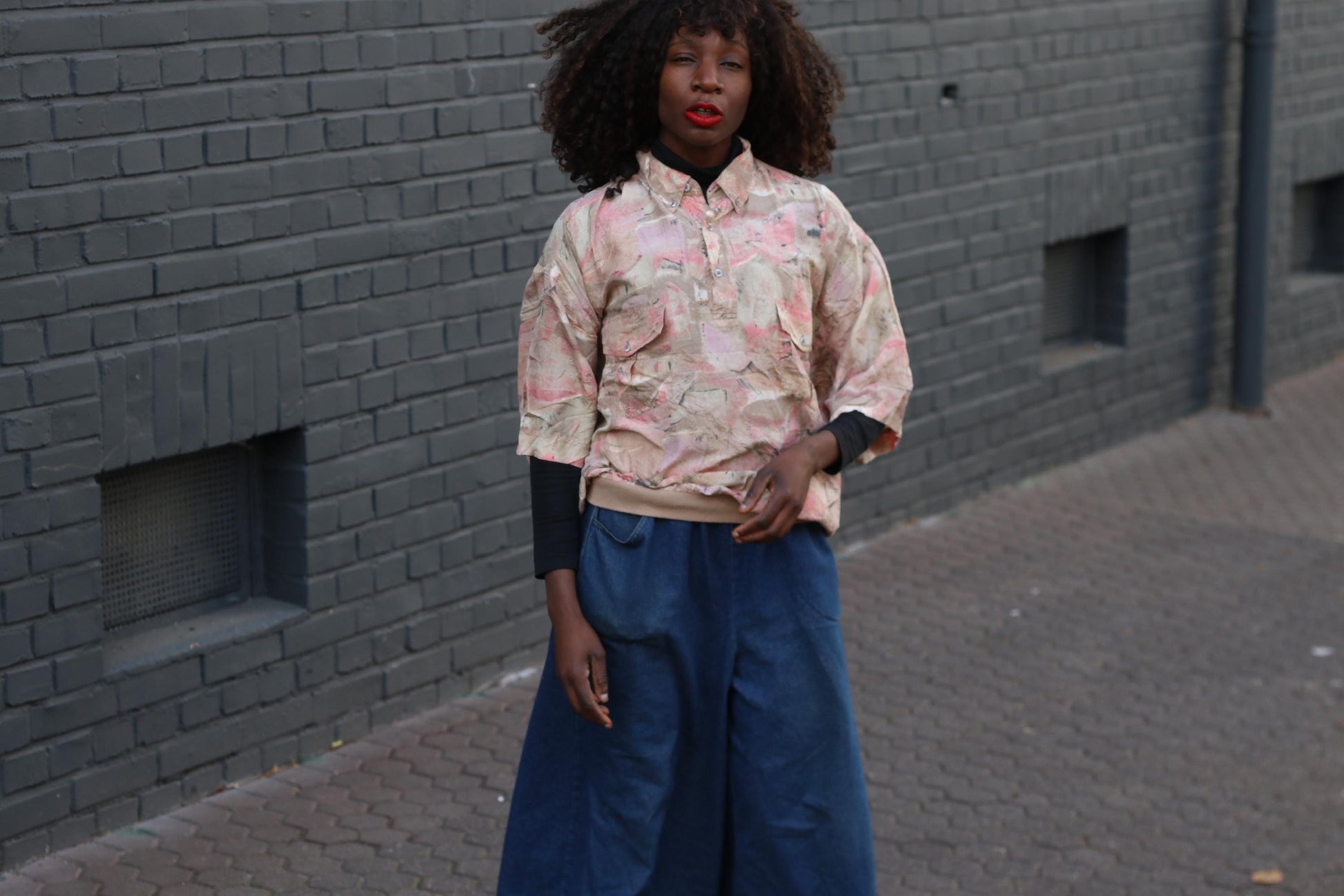 Vintage Silk Oversize Shirt Abstract Pattern Boho Loose Retro Blouse