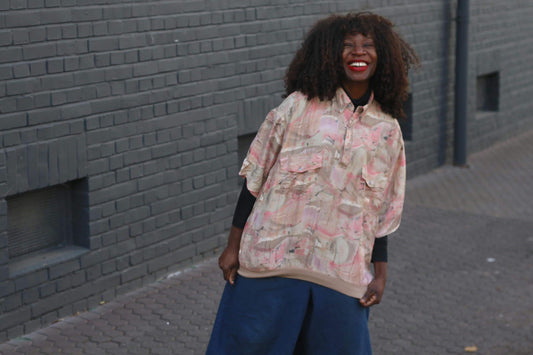 Vintage Silk Oversize Shirt Abstract Pattern Boho Loose Retro Blouse