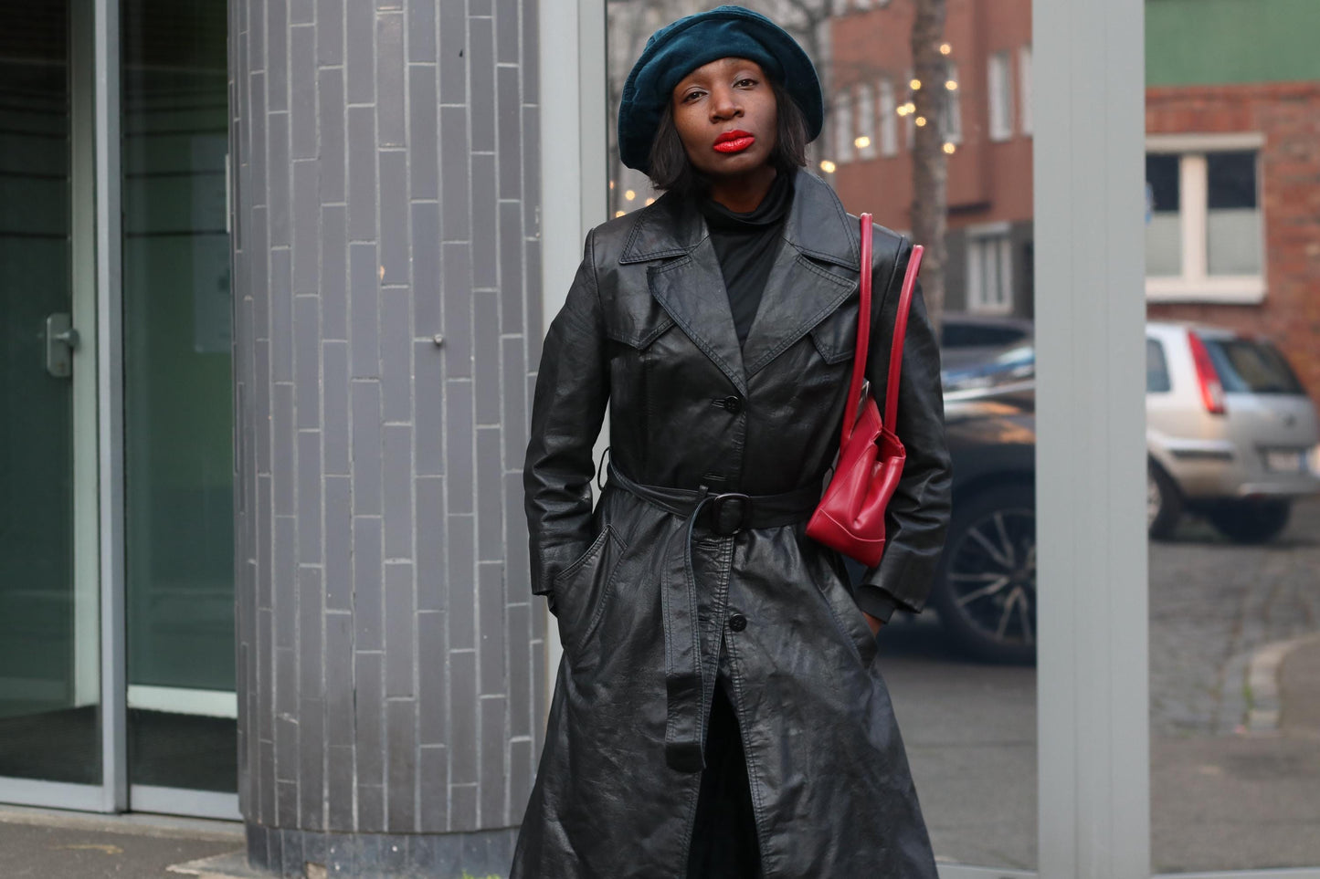 Vintage Black Leather Trench Coat| 90s Belted Long Jacket Minimalist Boho