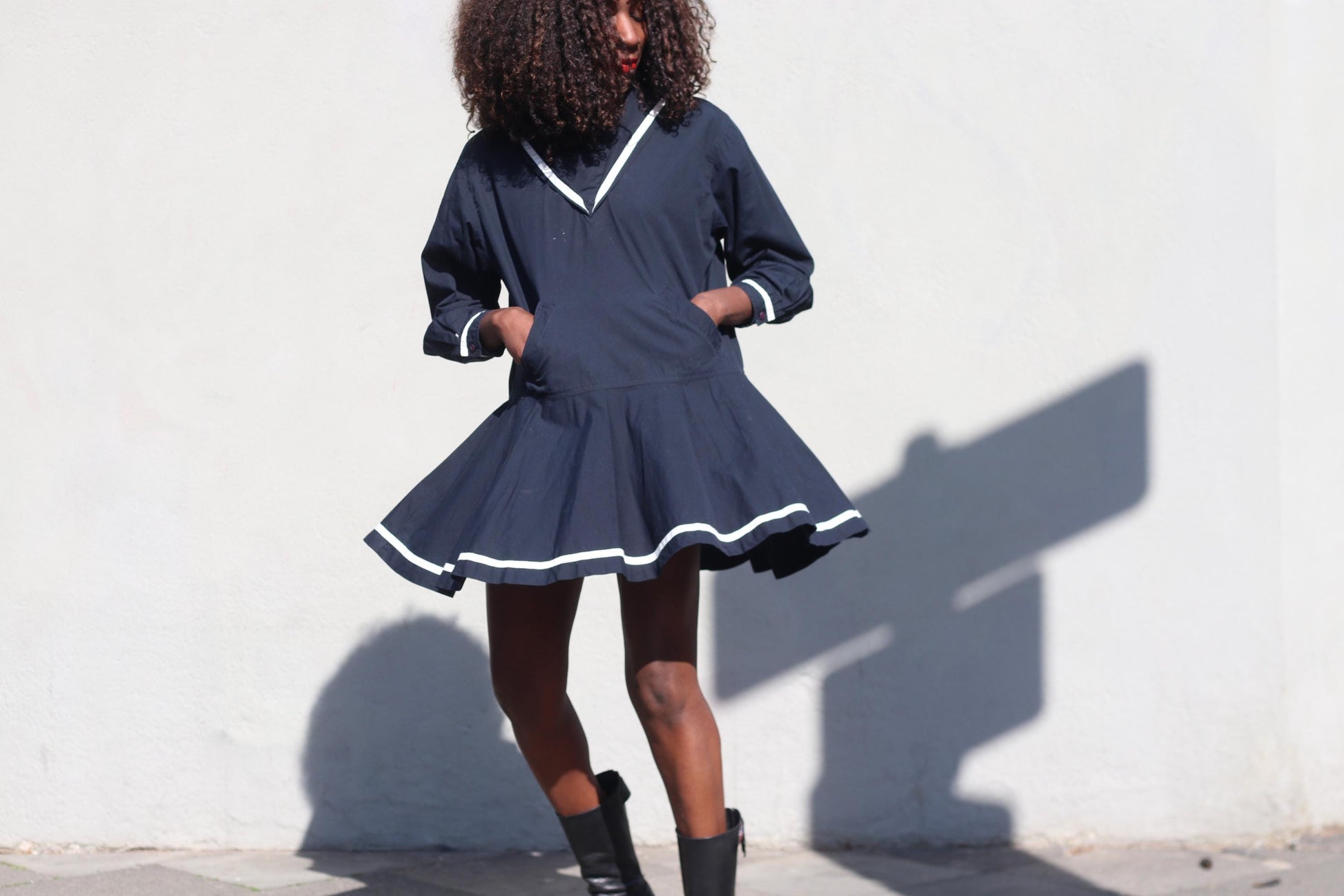 Vintage Esprit Sailor Mini Dress Navy Blue White Trim Mod Shrunken Fit Adult XS