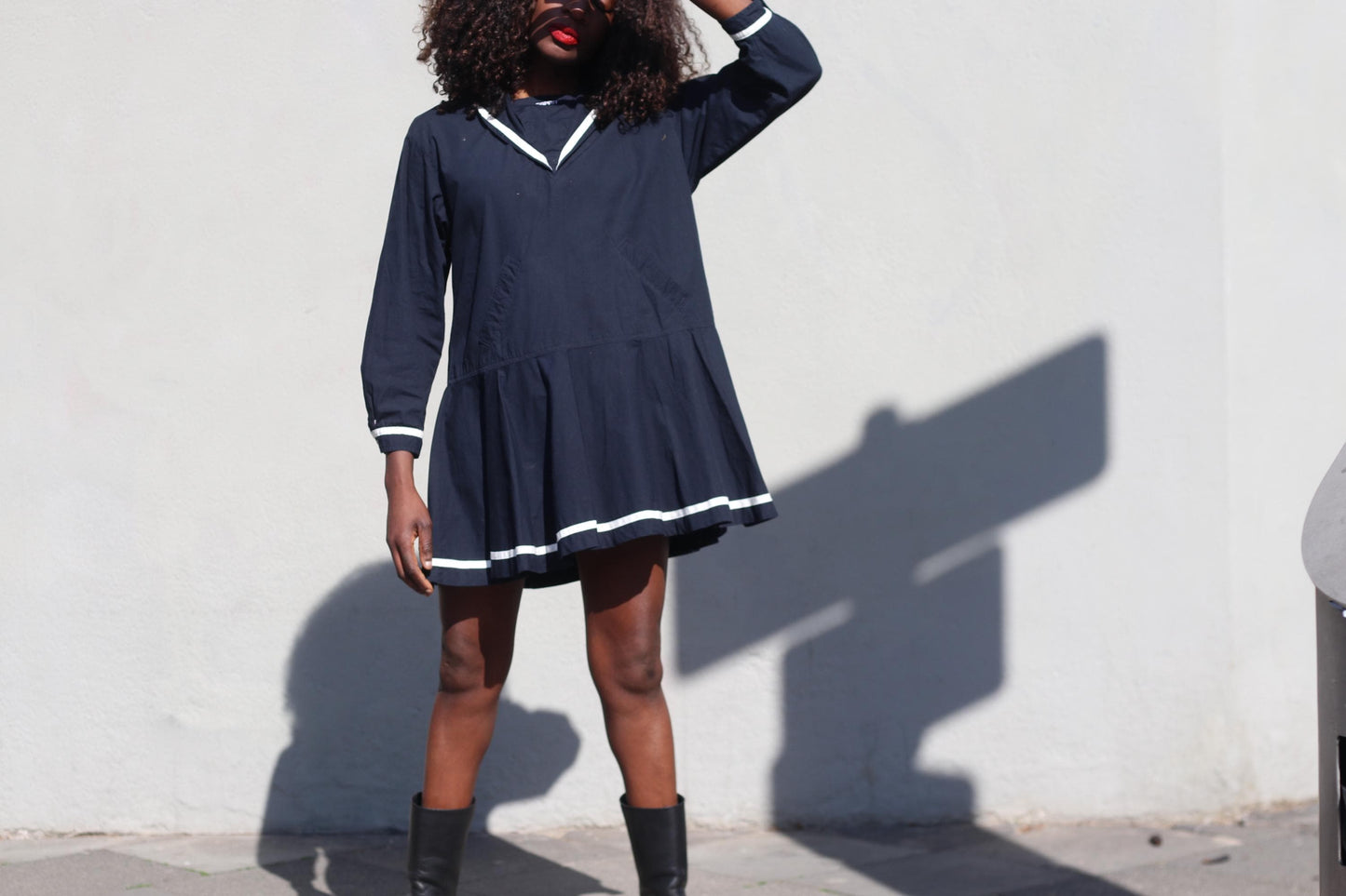Vintage Esprit Sailor Mini Dress Navy Blue White Trim Mod Shrunken Fit Adult XS