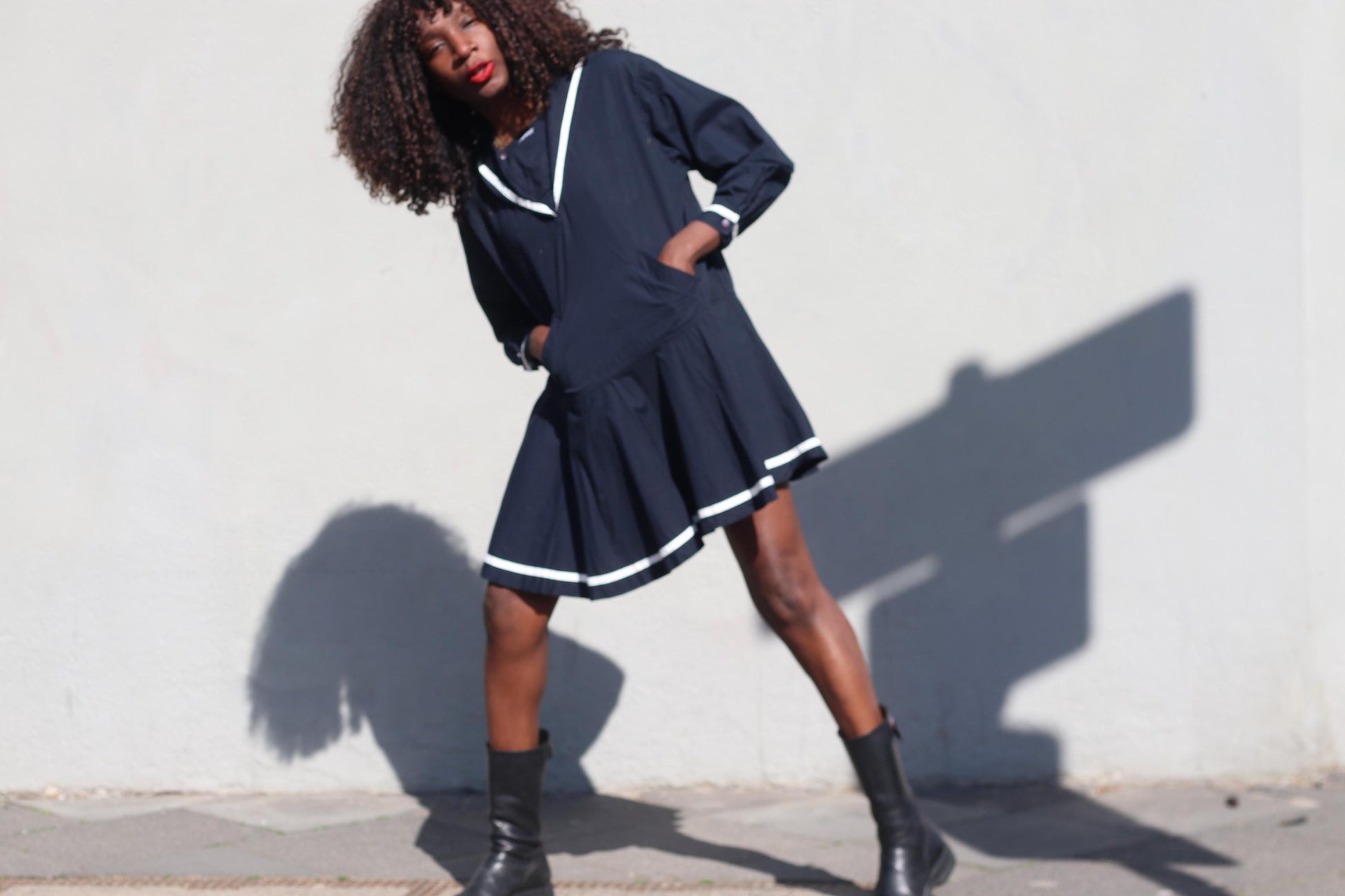 Vintage Esprit Sailor Mini Dress Navy Blue White Trim Mod Shrunken Fit Adult XS