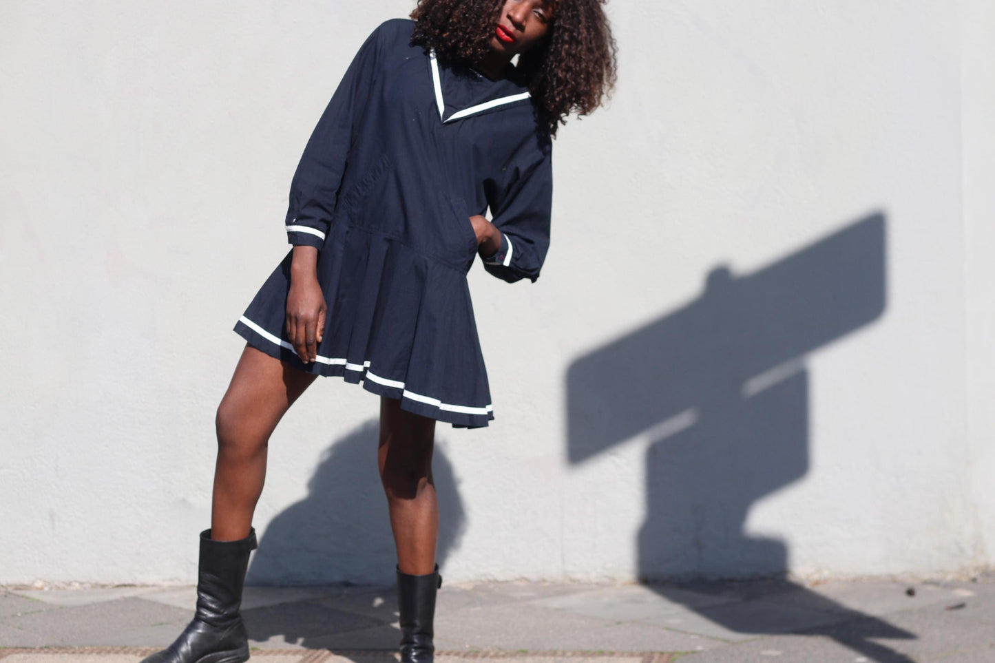 Vintage Esprit Sailor Mini Dress Navy Blue White Trim Mod Shrunken Fit Adult XS