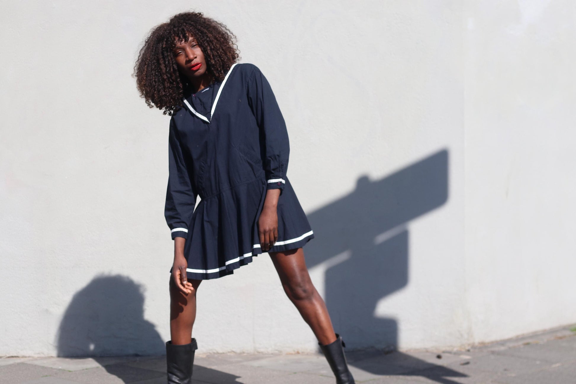 Vintage Esprit Sailor Mini Dress Navy Blue White Trim Mod Shrunken Fit Adult XS