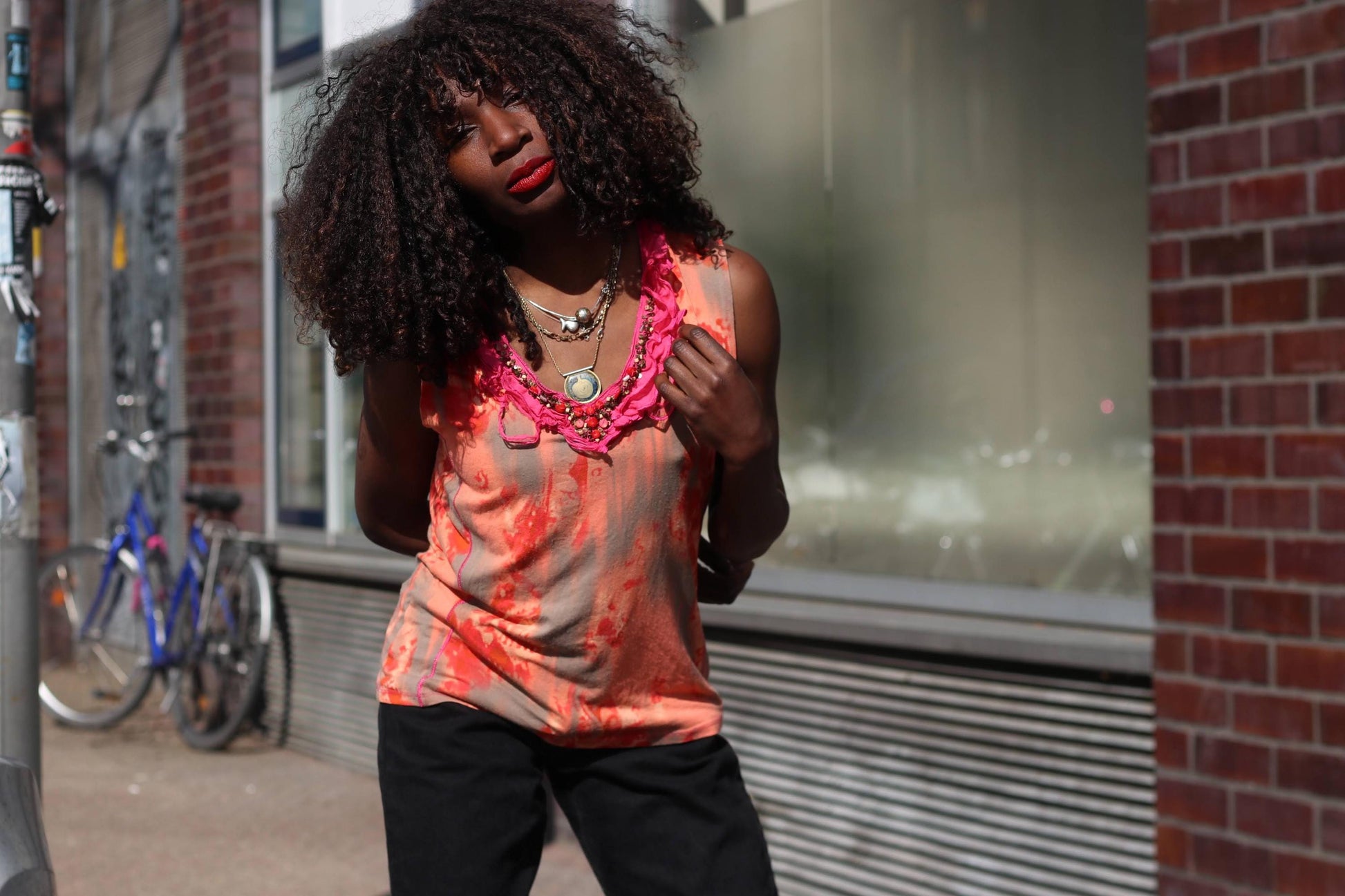 BiBA Vintage Silk Blend Abstract Top Orange Pink Ruffle Neck Beaded Grunge Y2K