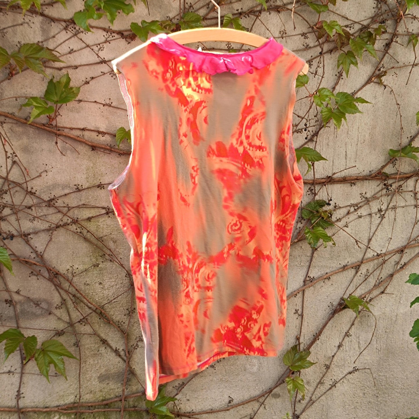 BiBA Vintage Silk Blend Abstract Top Orange Pink Ruffle Neck Beaded Grunge Y2K