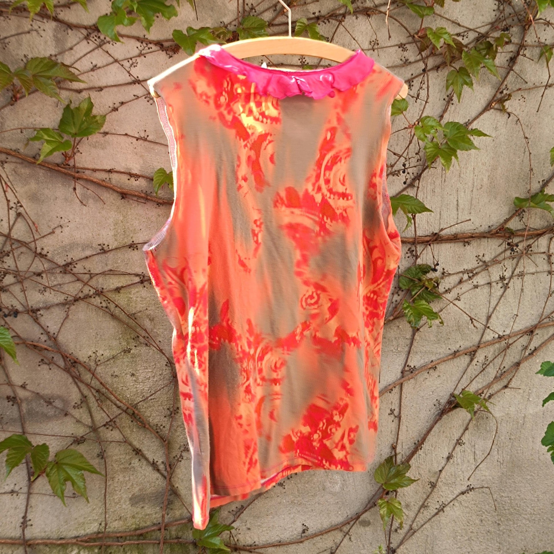 BiBA Vintage Silk Blend Abstract Top Orange Pink Ruffle Neck Beaded Grunge Y2K