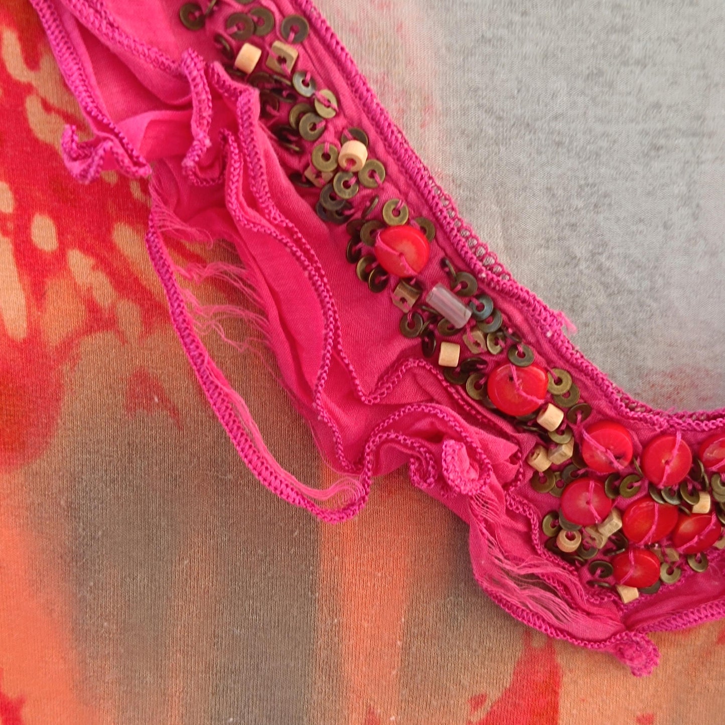 BiBA Vintage Silk Blend Abstract Top Orange Pink Ruffle Neck Beaded Grunge Y2K