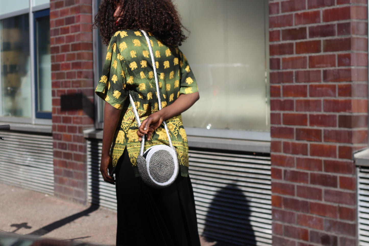 Elephant Print Top Green Gold Bohemian Festival Shirt Vintage Style Thai Blouse