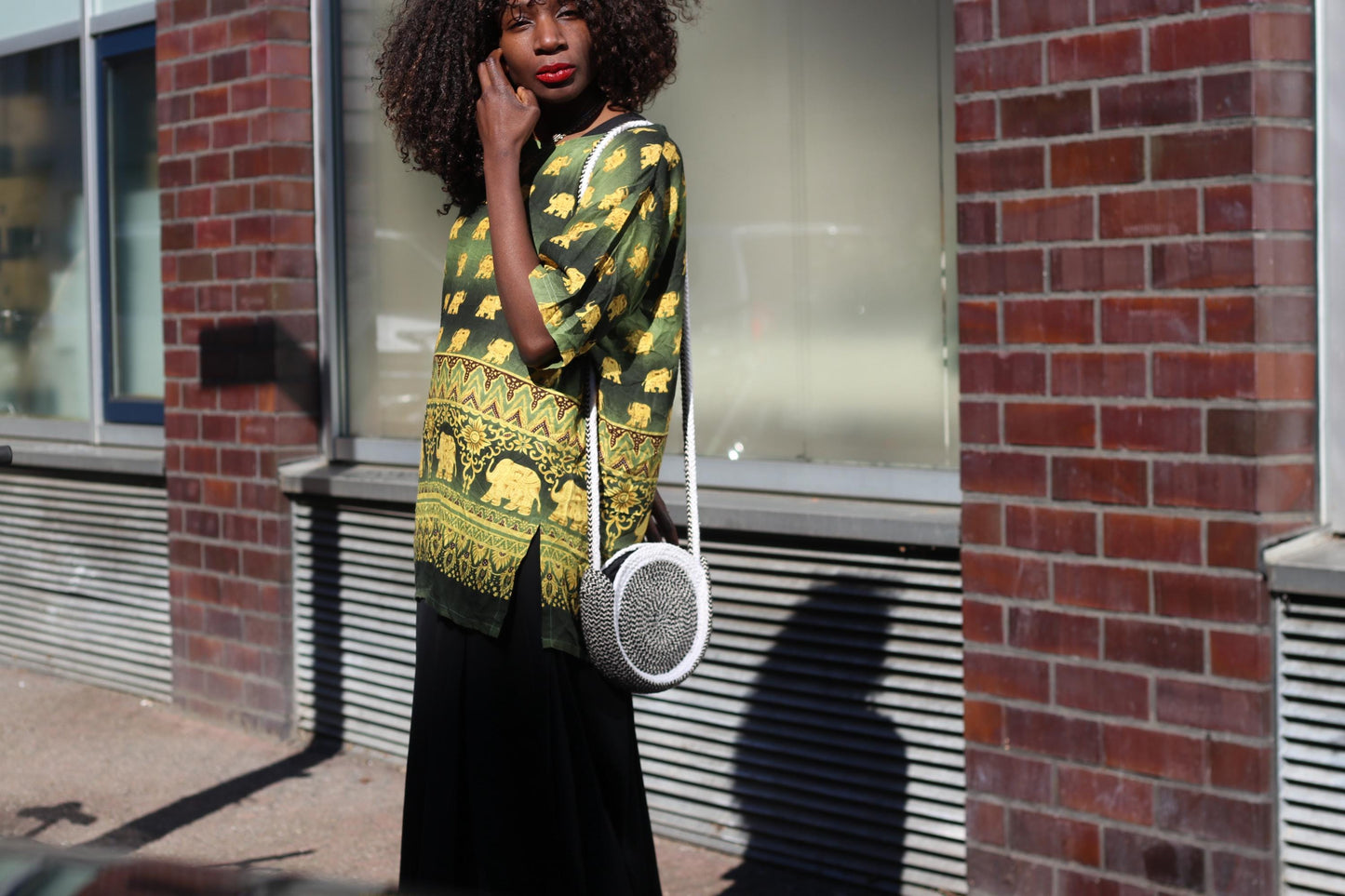 Elephant Print Top Green Gold Bohemian Festival Shirt Vintage Style Thai Blouse