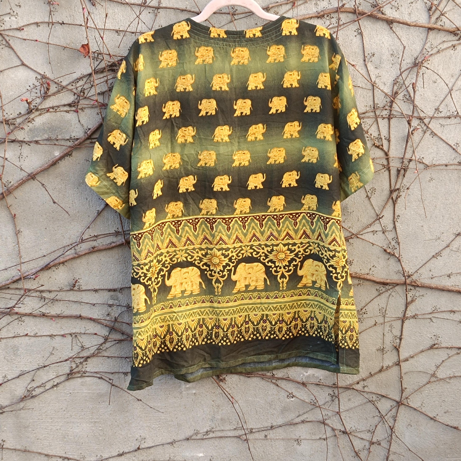 Elephant Print Top Green Gold Bohemian Festival Shirt Vintage Style Thai Blouse