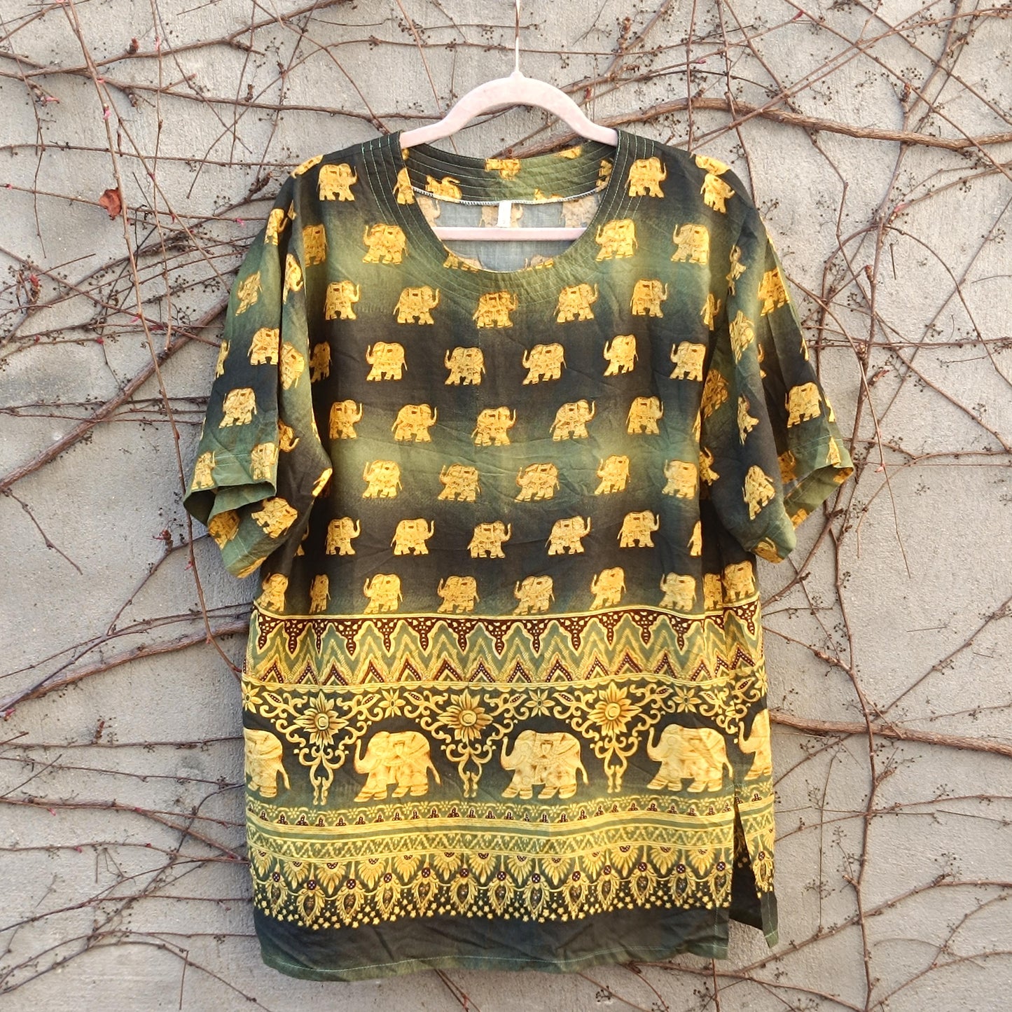 Elephant Print Top Green Gold Bohemian Festival Shirt Vintage Style Thai Blouse