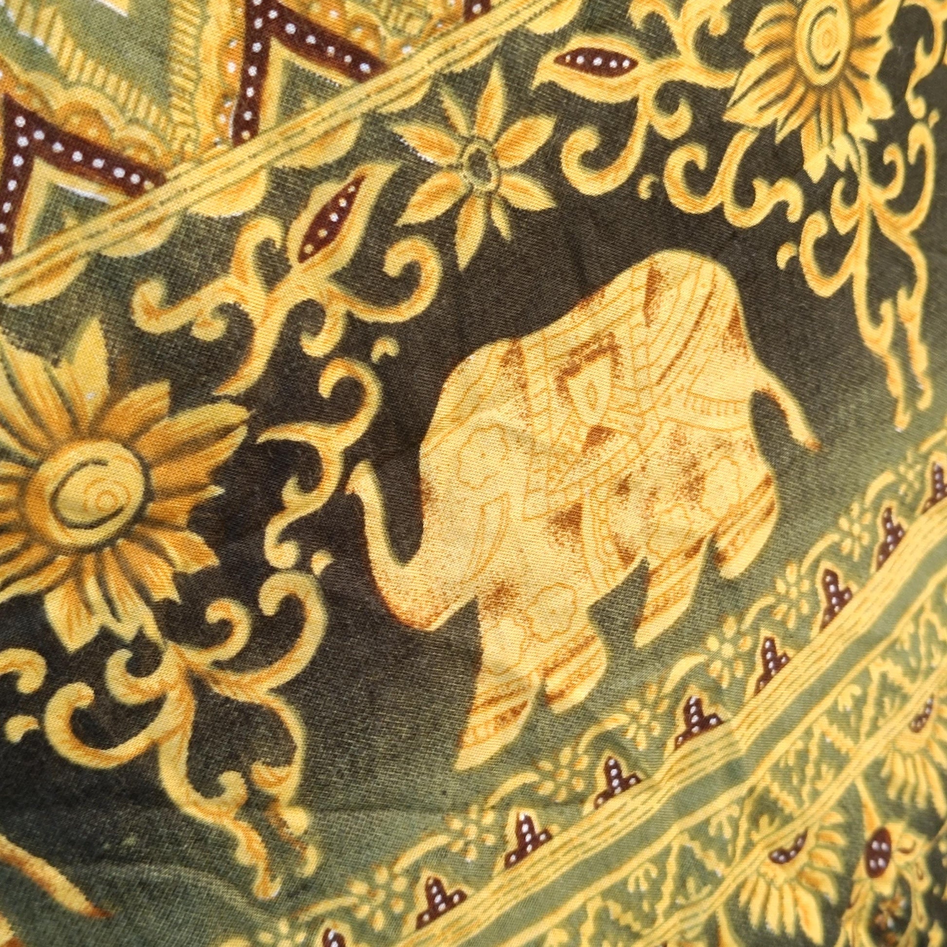 Elephant Print Top Green Gold Bohemian Festival Shirt Vintage Style Thai Blouse