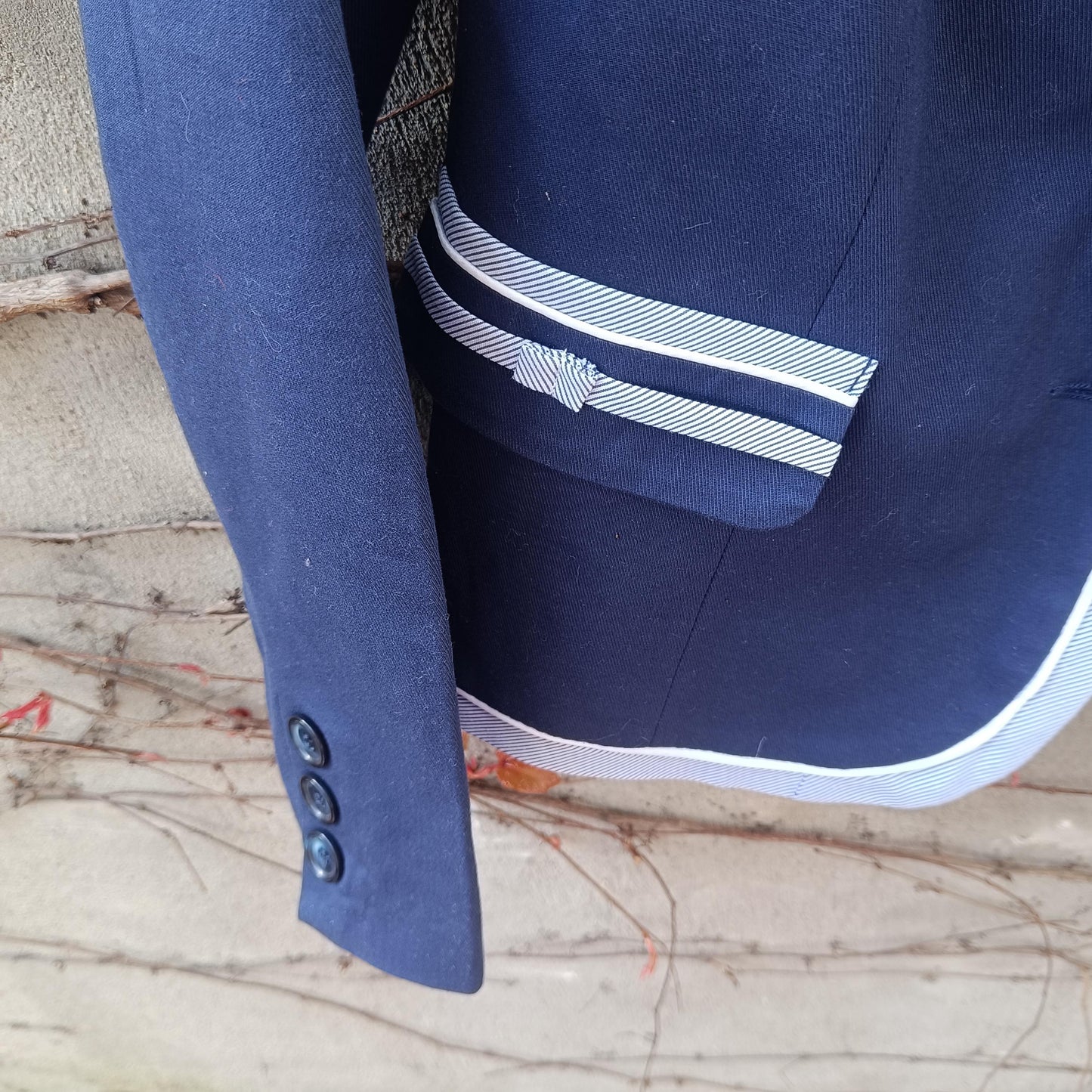 Vintage Navy Cotton Blazer Contrast Trim Tailored Jacket Minimal Chic