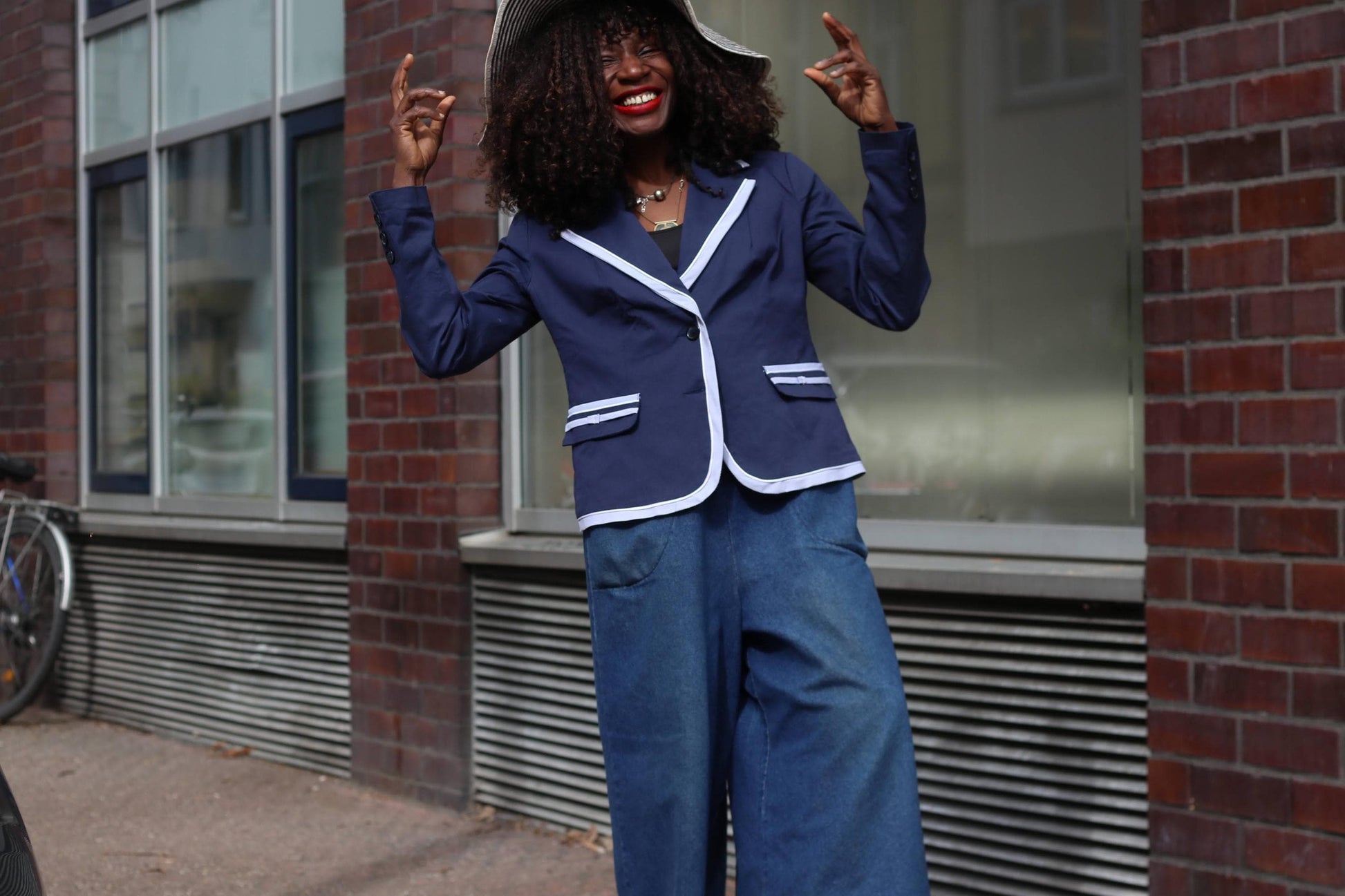 Vintage Navy Cotton Blazer Contrast Trim Tailored Jacket Minimal Chic