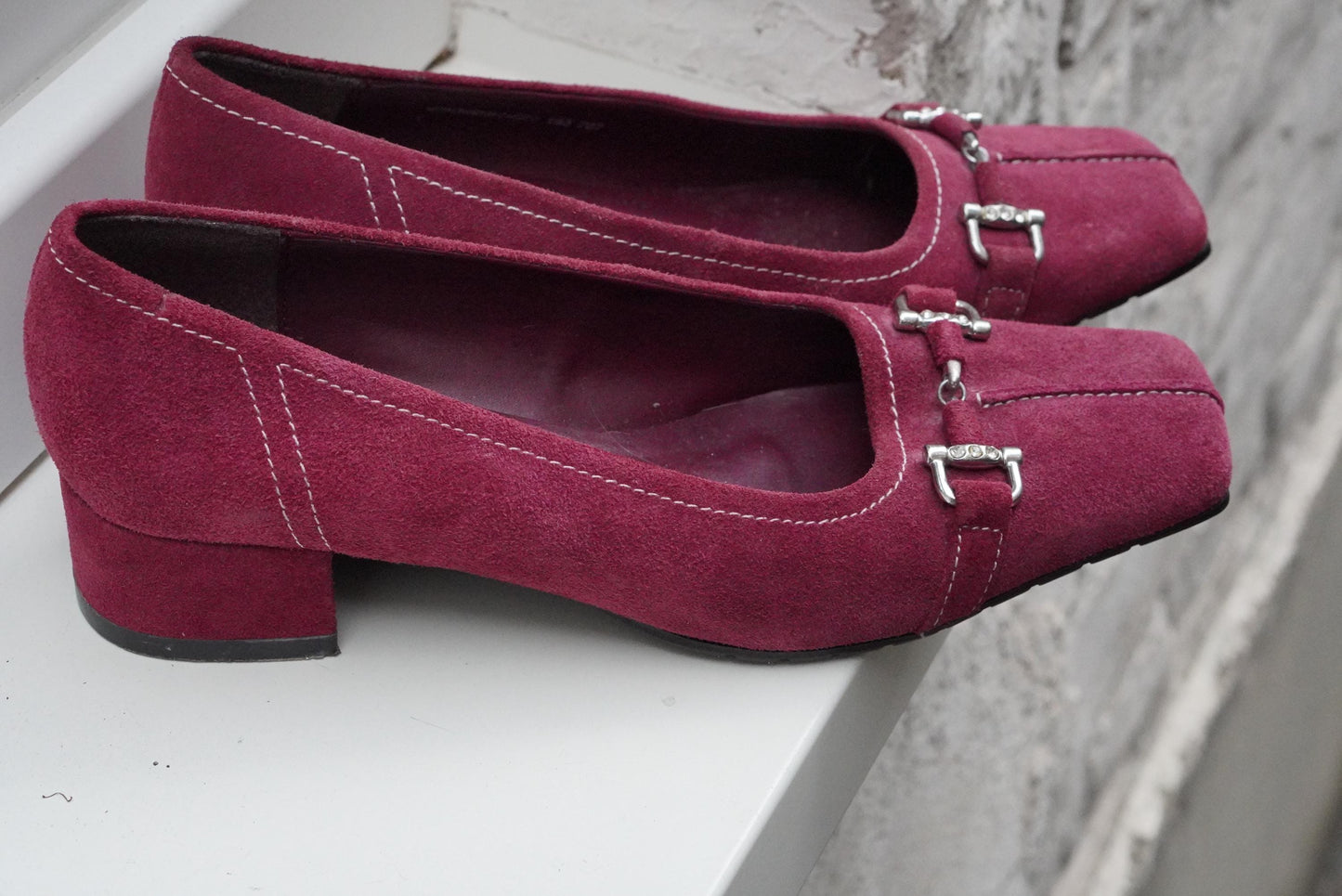 Vintage Magenta Pink Suede Heels| Square Toe Block Pumps| Genuine Leather Fuchsia Size 38