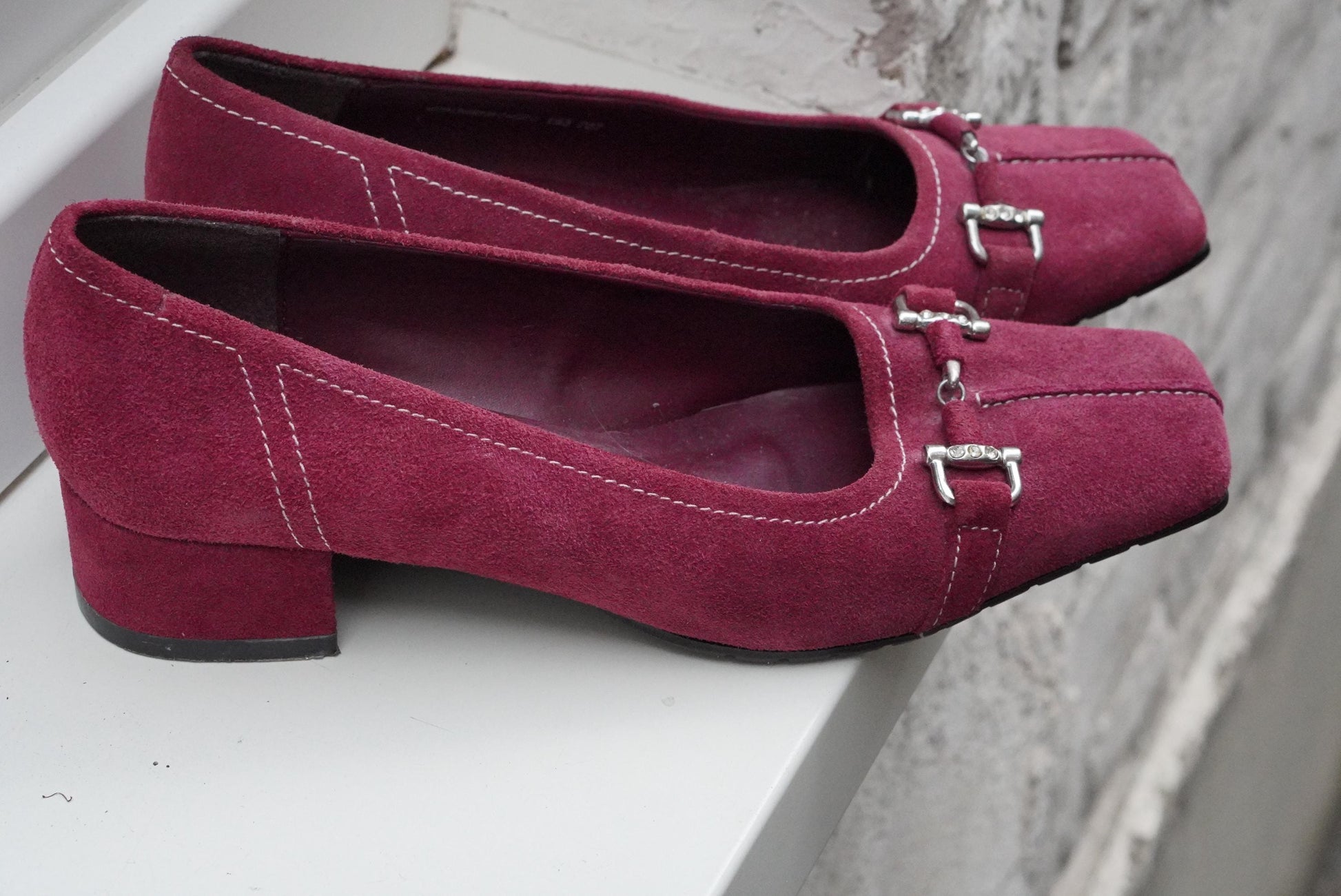 Vintage Magenta Pink Suede Heels| Square Toe Block Pumps| Genuine Leather Fuchsia Size 38