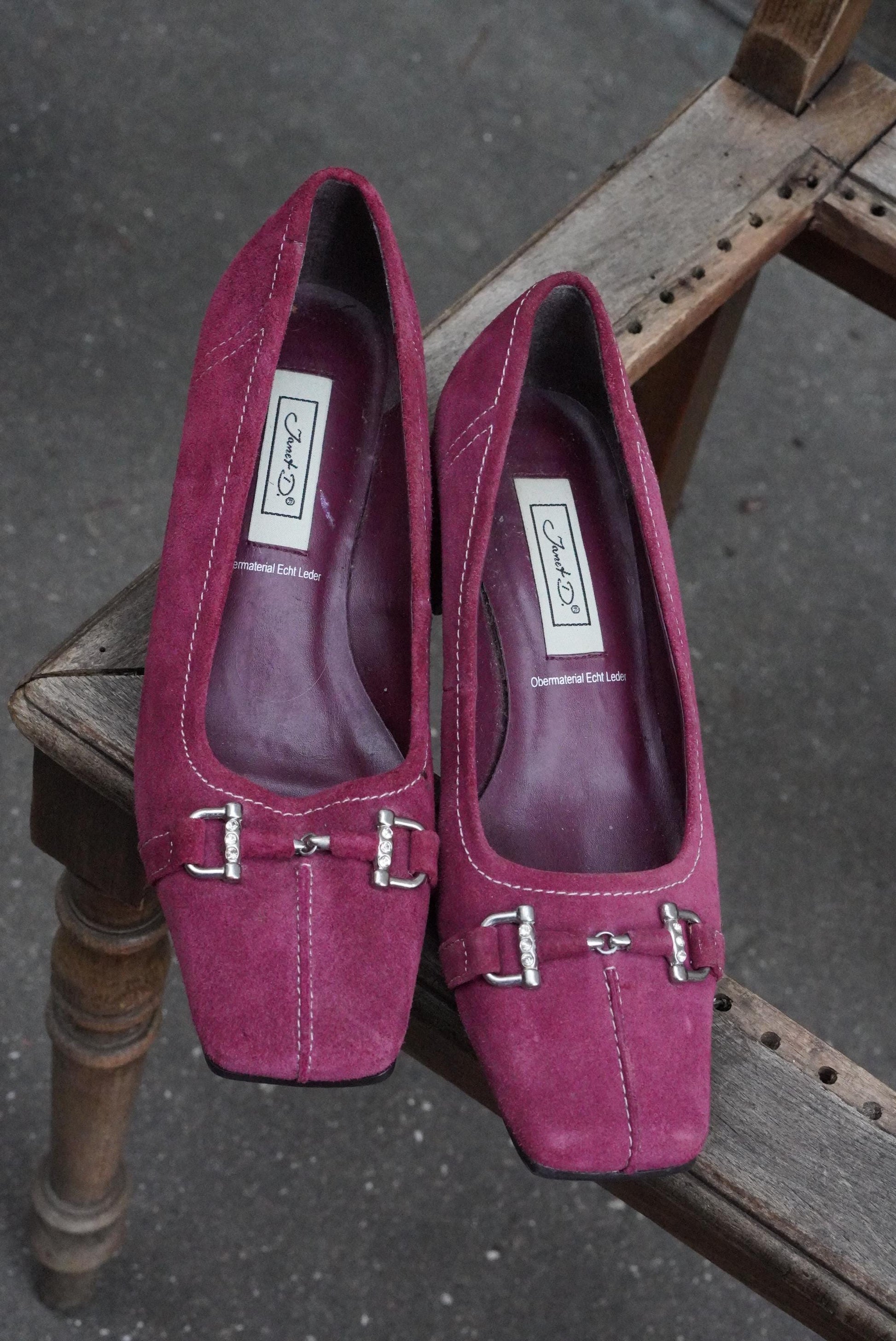 Vintage Magenta Pink Suede Heels| Square Toe Block Pumps| Genuine Leather Fuchsia Size 38