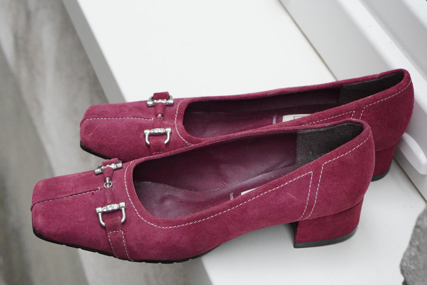 Vintage Magenta Pink Suede Heels| Square Toe Block Pumps| Genuine Leather Fuchsia Size 38