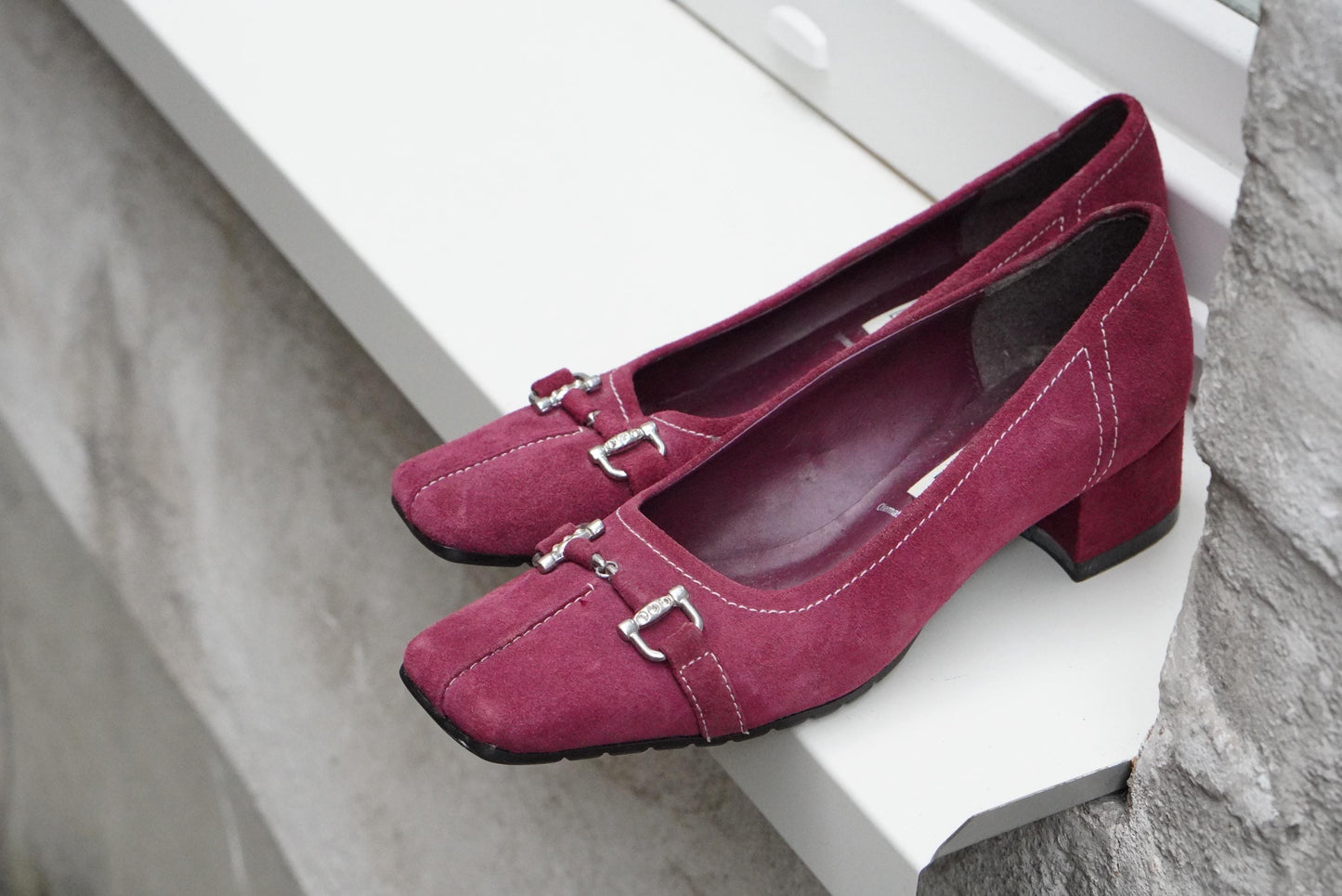 Vintage Magenta Pink Suede Heels| Square Toe Block Pumps| Genuine Leather Fuchsia Size 38