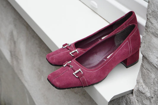 Vintage Magenta Pink Suede Heels| Square Toe Block Pumps| Genuine Leather Fuchsia Size 38