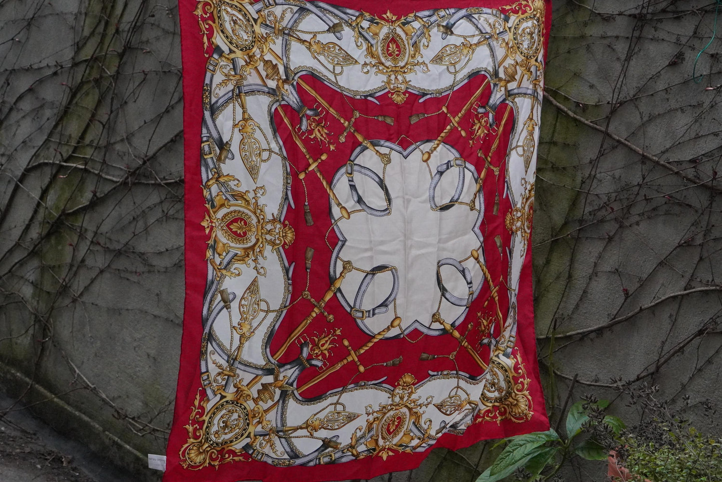 Vintage Silk Scarf Red Gold Equestrian Print Square Neck Scarf Baroque Accessories
