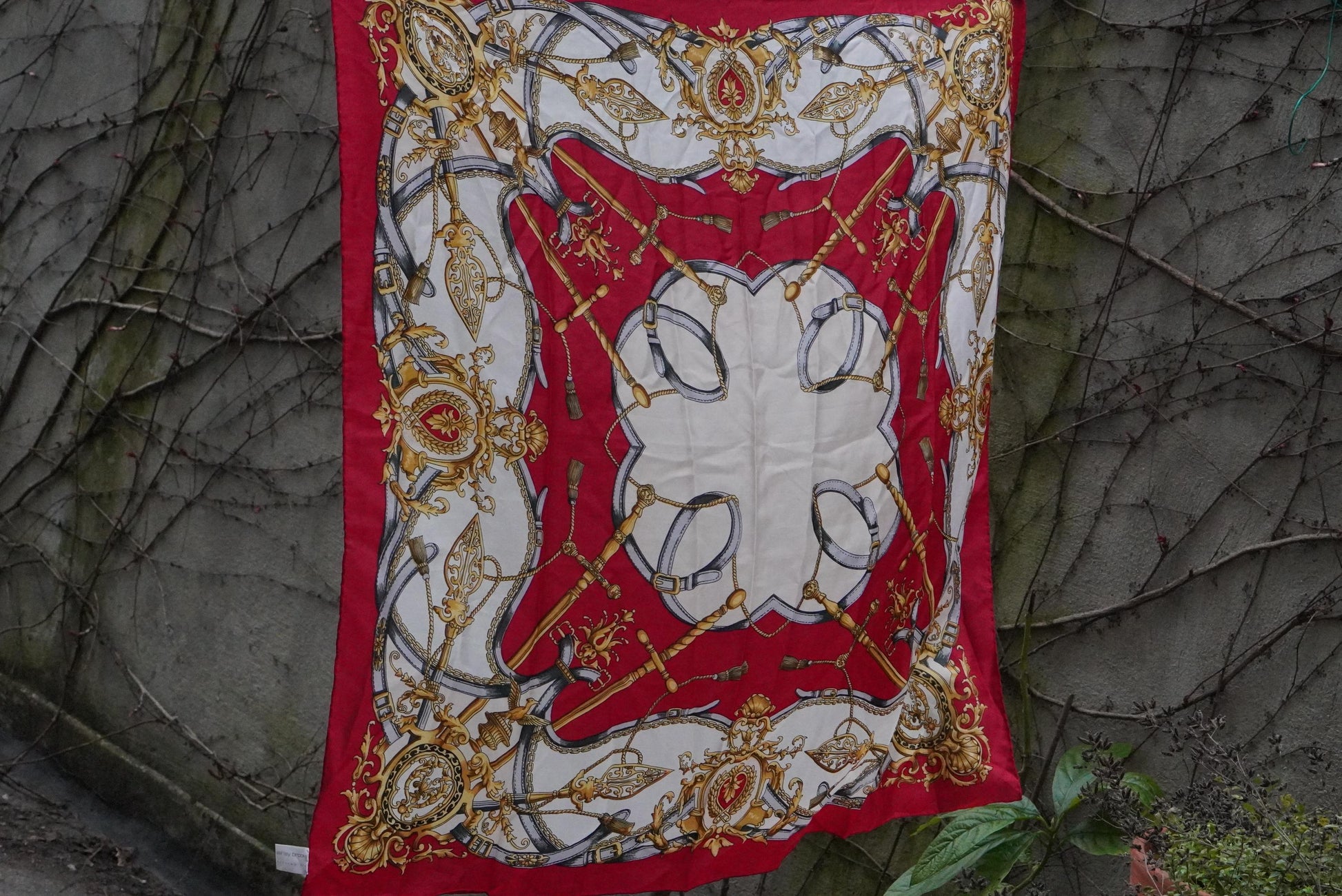 Vintage Silk Scarf Red Gold Equestrian Print Square Neck Scarf Baroque Accessories