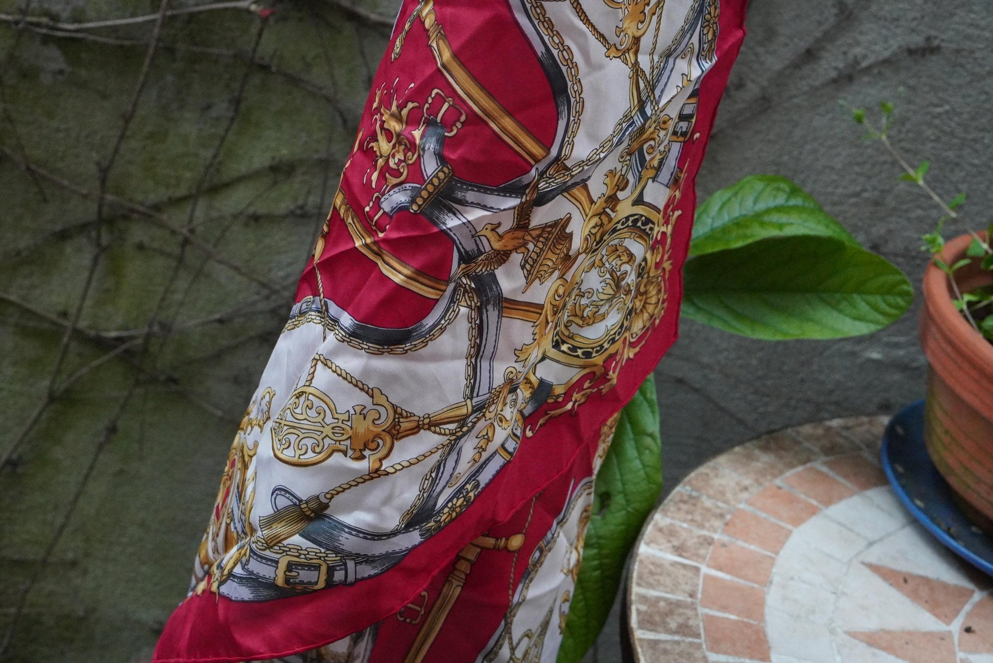 Vintage Silk Scarf Red Gold Equestrian Print Square Neck Scarf Baroque Accessories
