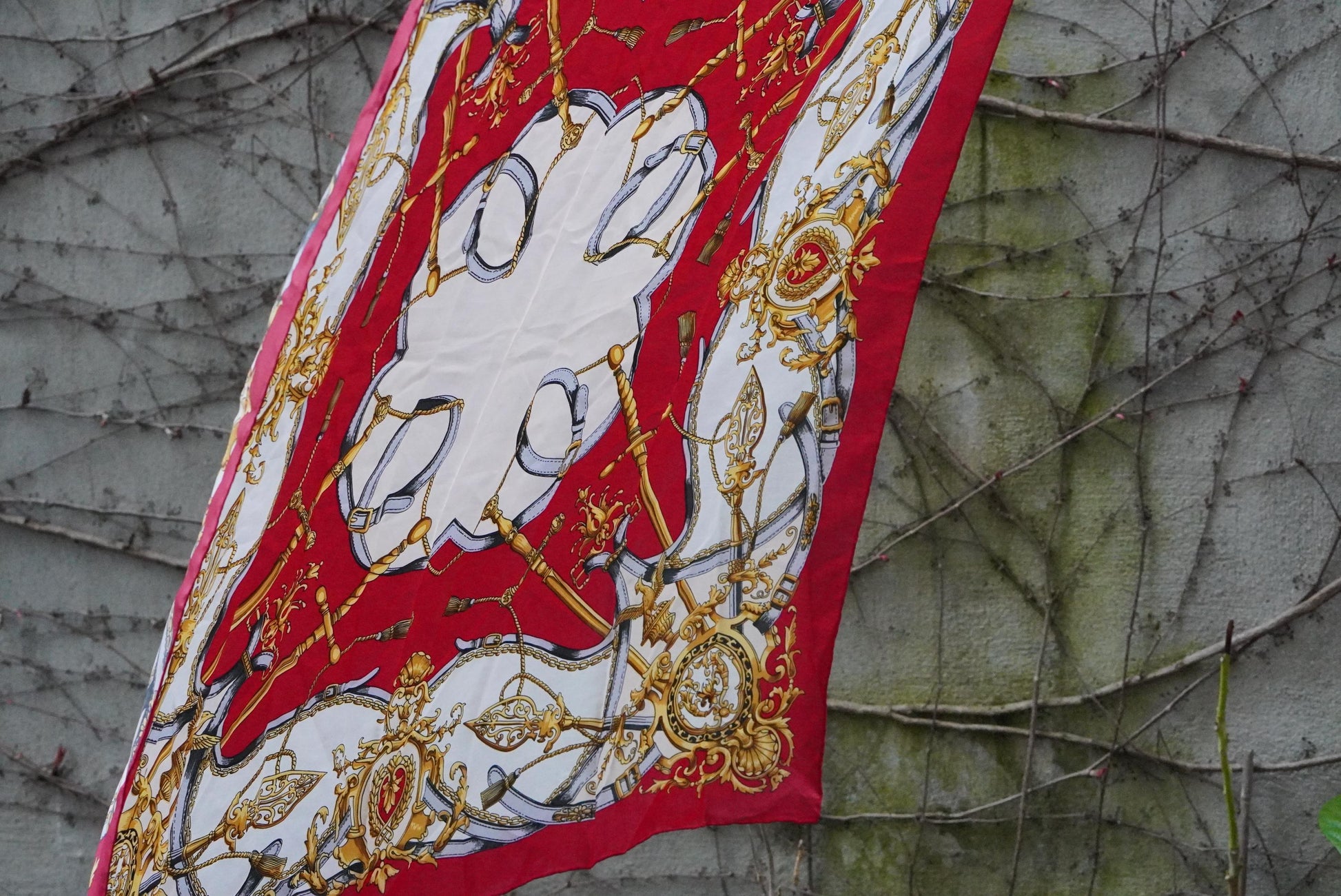 Vintage Silk Scarf Red Gold Equestrian Print Square Neck Scarf Baroque Accessories