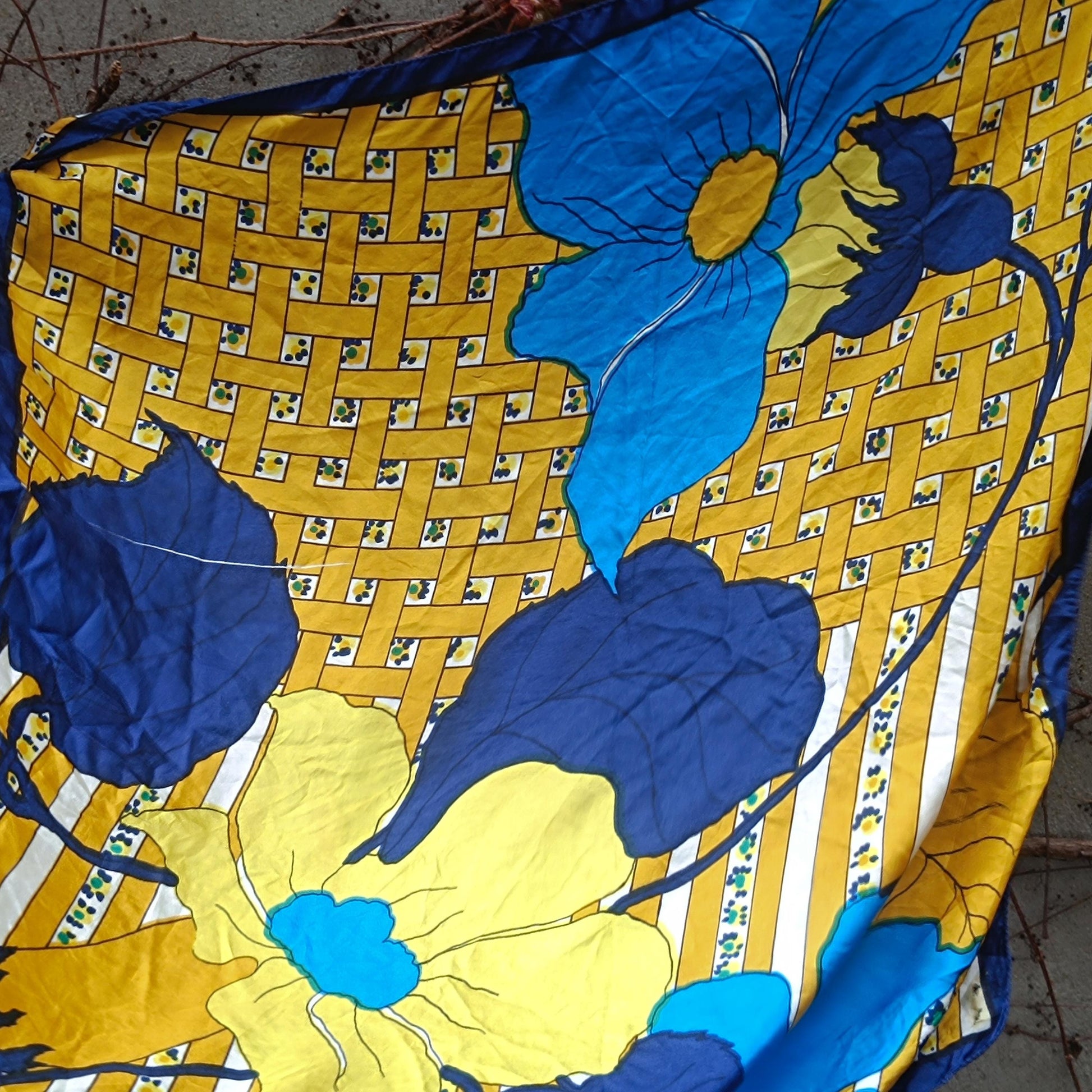 Vintage Floral Scarf Large Blue Yellow Flower Print Retro 70s Hair Accessory