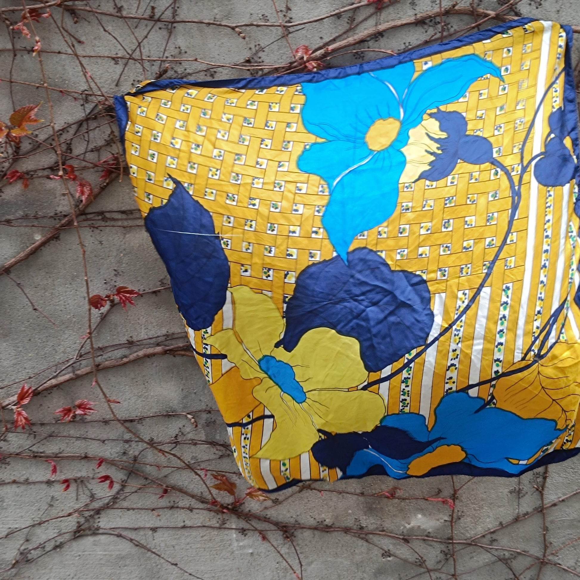 Vintage Floral Scarf Large Blue Yellow Flower Print Retro 70s Hair Accessory