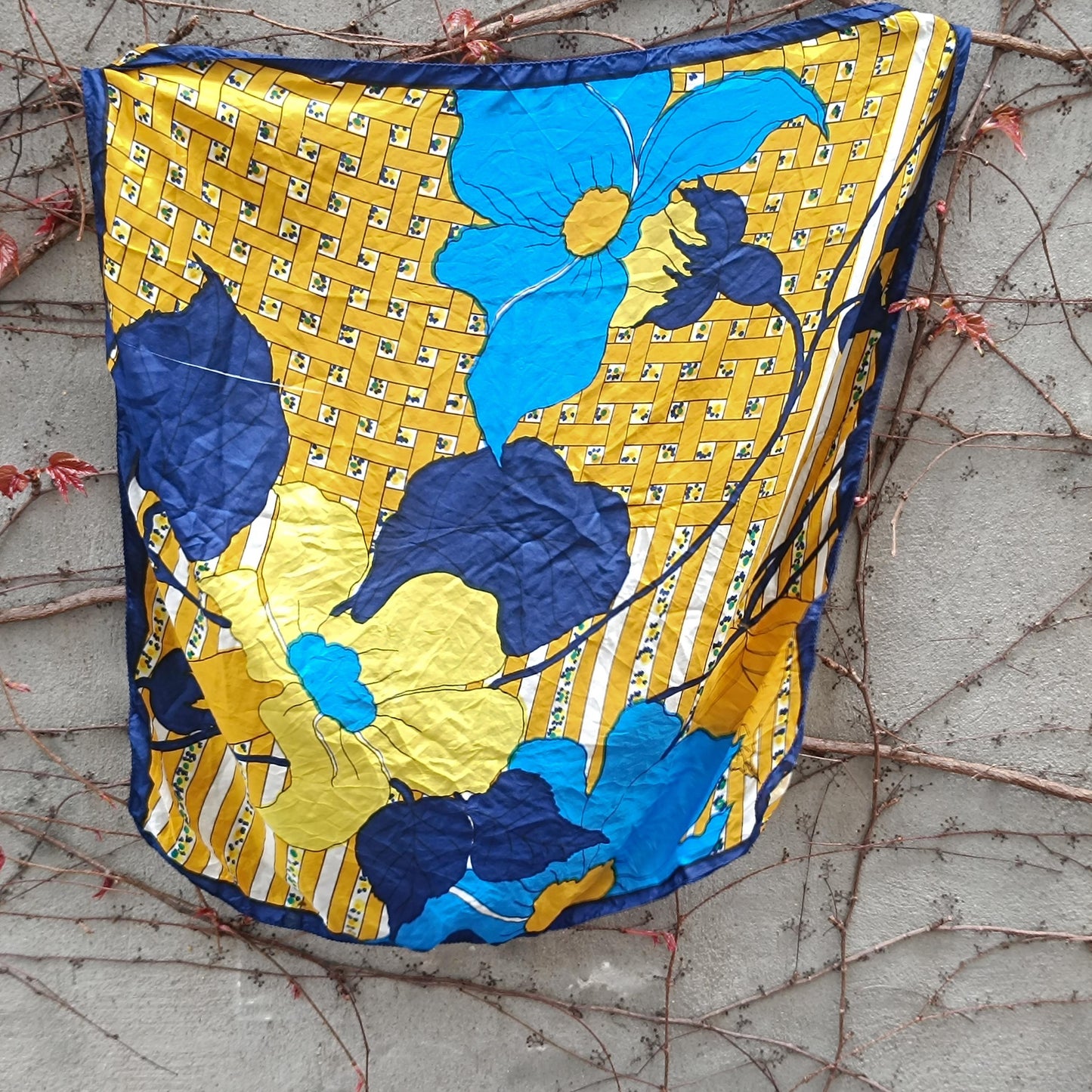 Vintage Floral Scarf Large Blue Yellow Flower Print Retro 70s Hair Accessory