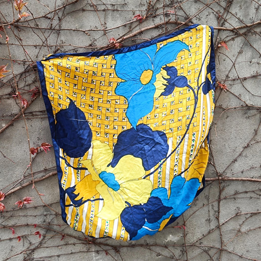 Vintage Floral Scarf Large Blue Yellow Flower Print Retro 70s Hair Accessory