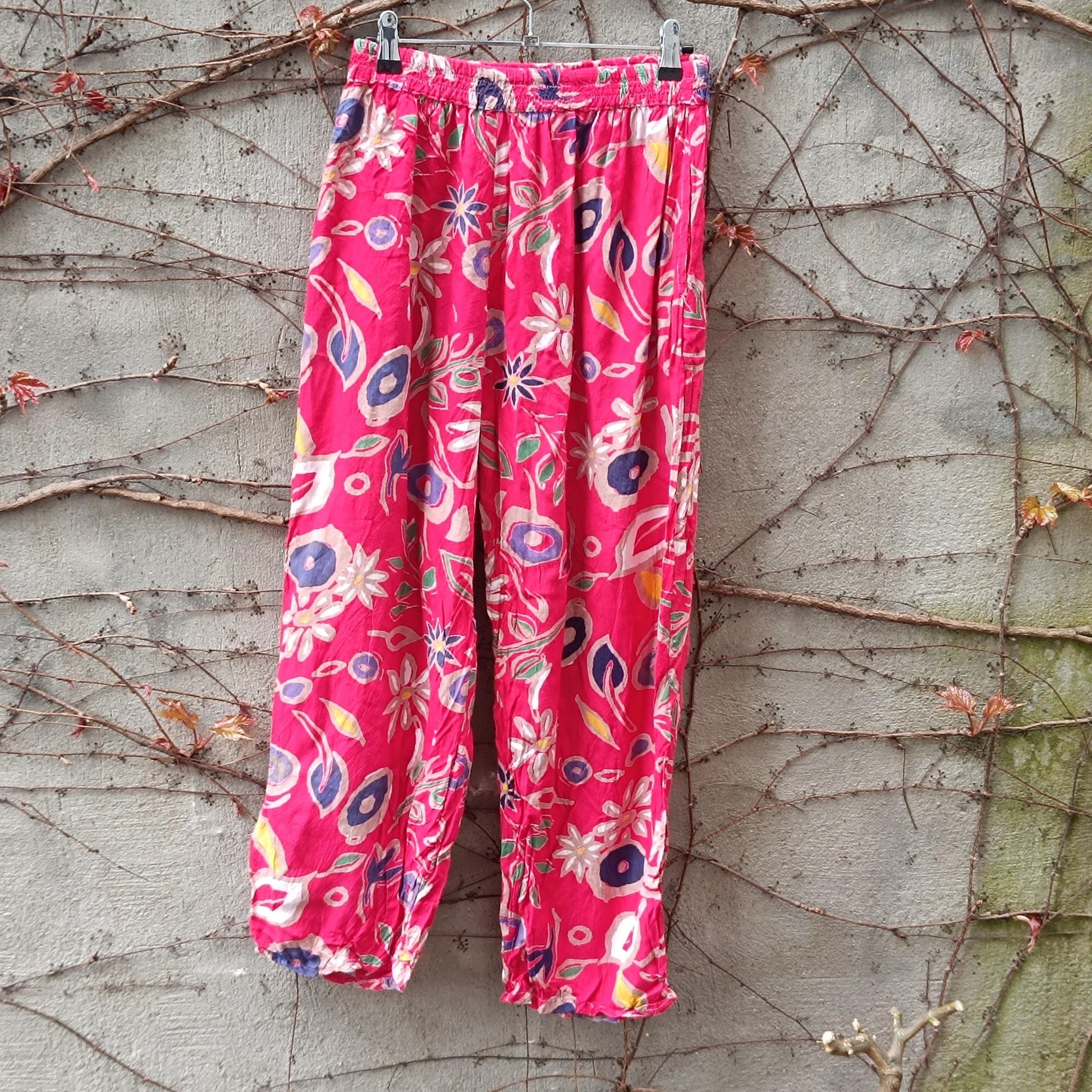 Vintage Pink Floral Trousers| Boho Summer Elasticated High Waist Wide Leg Pants Relaxed Fit