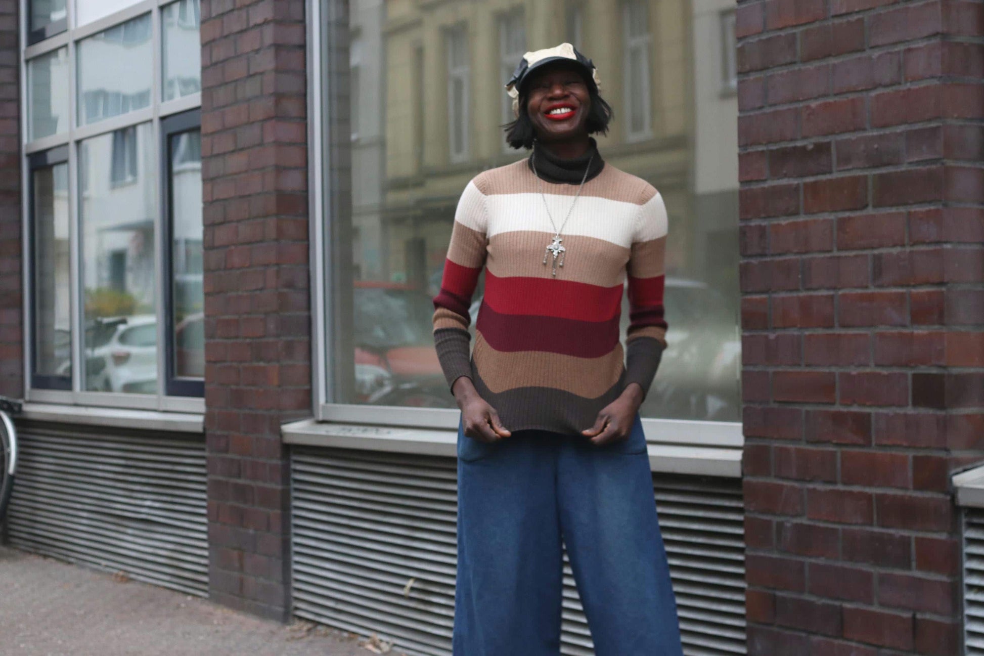 Striped Vintage Turtleneck Sweater 90s Earth Tone Knit Jumper Retro Striped Top