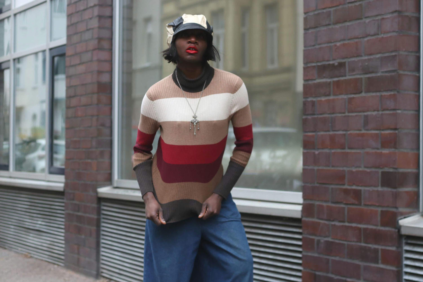 Striped Vintage Turtleneck Sweater 90s Earth Tone Knit Jumper Retro Striped Top