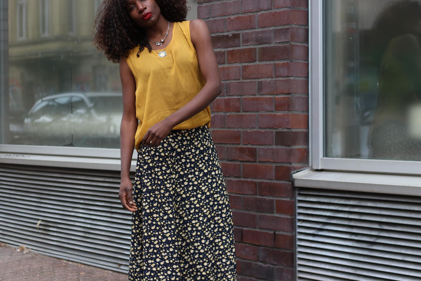 Vintage Floral Maxi Skirt Black and Yellow Ditsy Print 90s Boho High Waist Summer