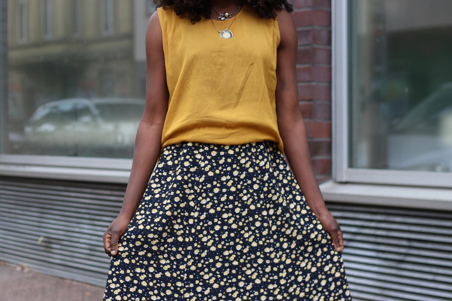 Vintage Floral Maxi Skirt Black and Yellow Ditsy Print 90s Boho High Waist Summer