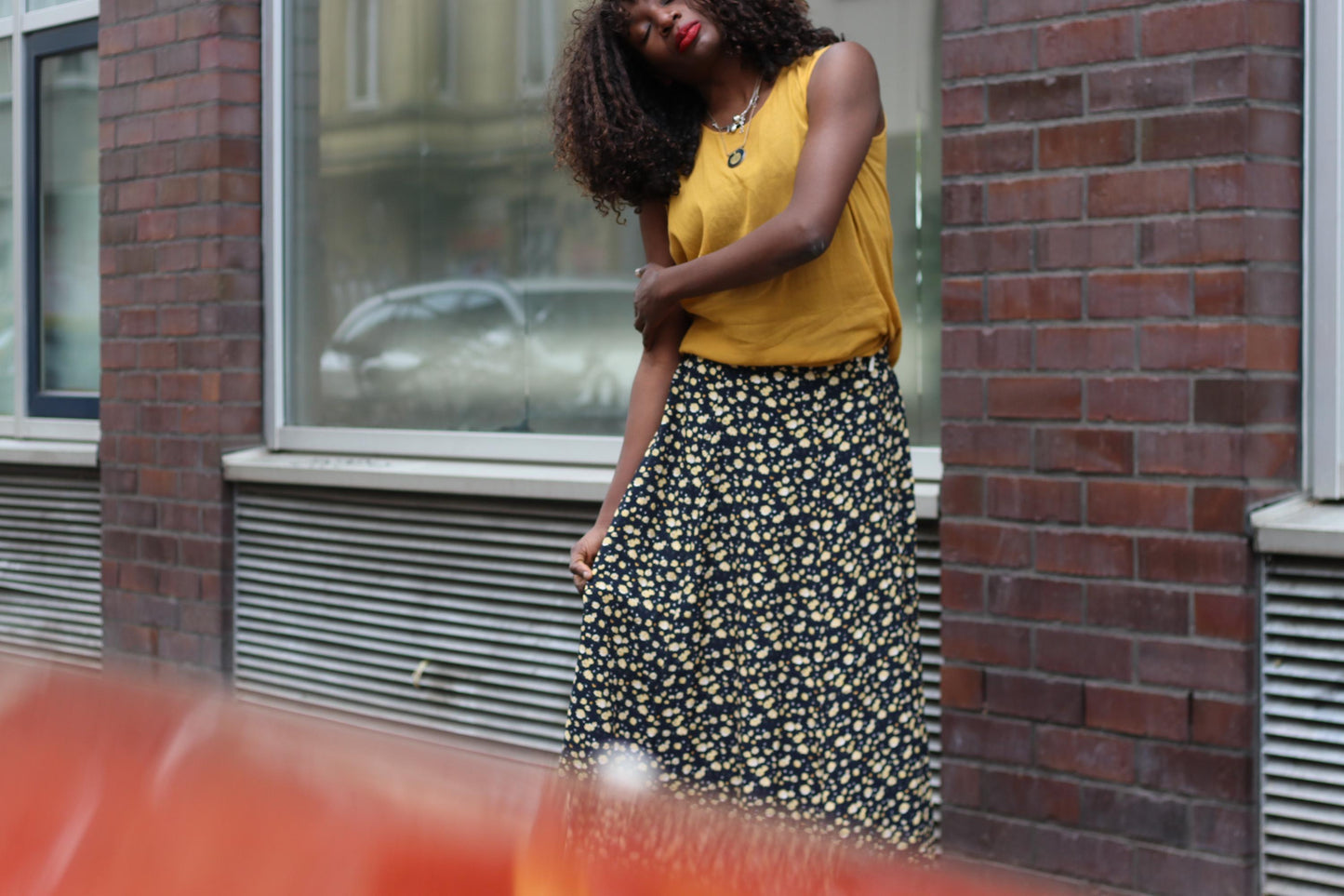 Vintage Floral Maxi Skirt Black and Yellow Ditsy Print 90s Boho High Waist Summer